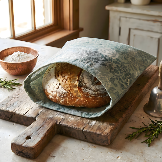 Beeswaxed bread bag from Five Oaks Farm, natural cotton with beeswax coating, ideal for storing fresh bread.