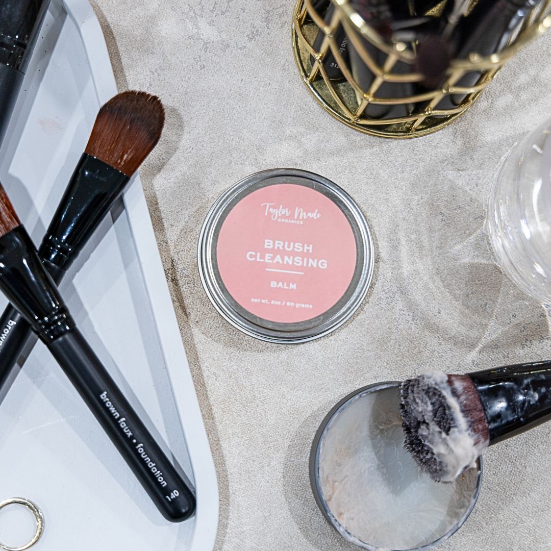 Taylor Made Organics sulfate-free brush cleansing balm for makeup tools, shown in a jar with a creamy texture.