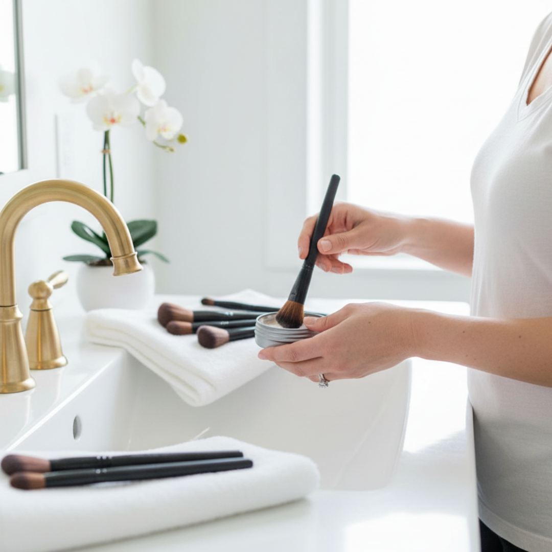 Taylor Made Organics sulfate-free brush cleansing balm in a container, designed for cleaning makeup brushes.
