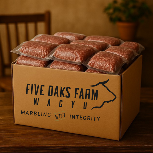 Box of Five Oaks Farm Wagyu 10lb ground beef bundle with premium Wagyu ground beef for gourmet cooking.