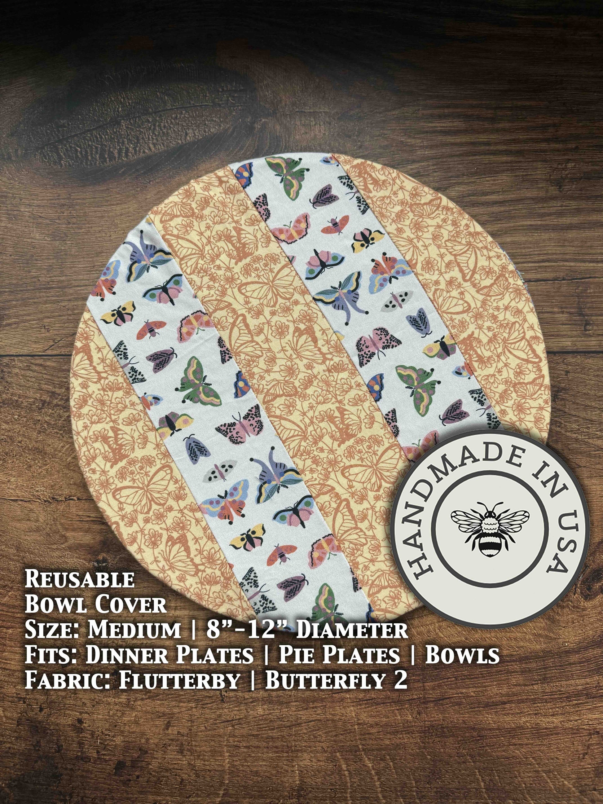 Medium bowl and banneton covers from Five Oaks Farm, featuring butterfly design, used for bread proofing and dough fermentation.