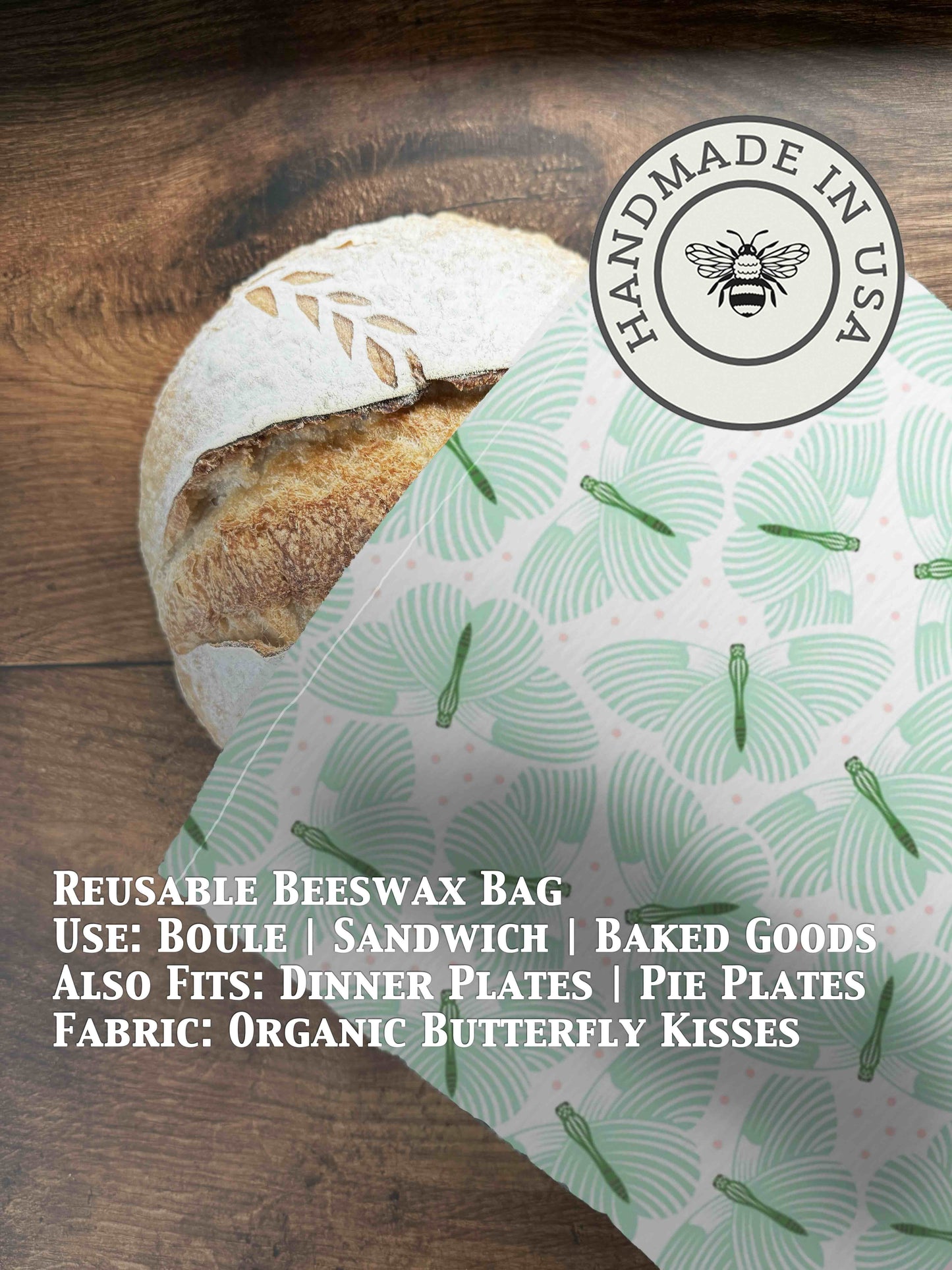 Beeswaxed bread bag from Five Oaks Farm with butterfly design, eco-friendly reusable storage for fresh bread.