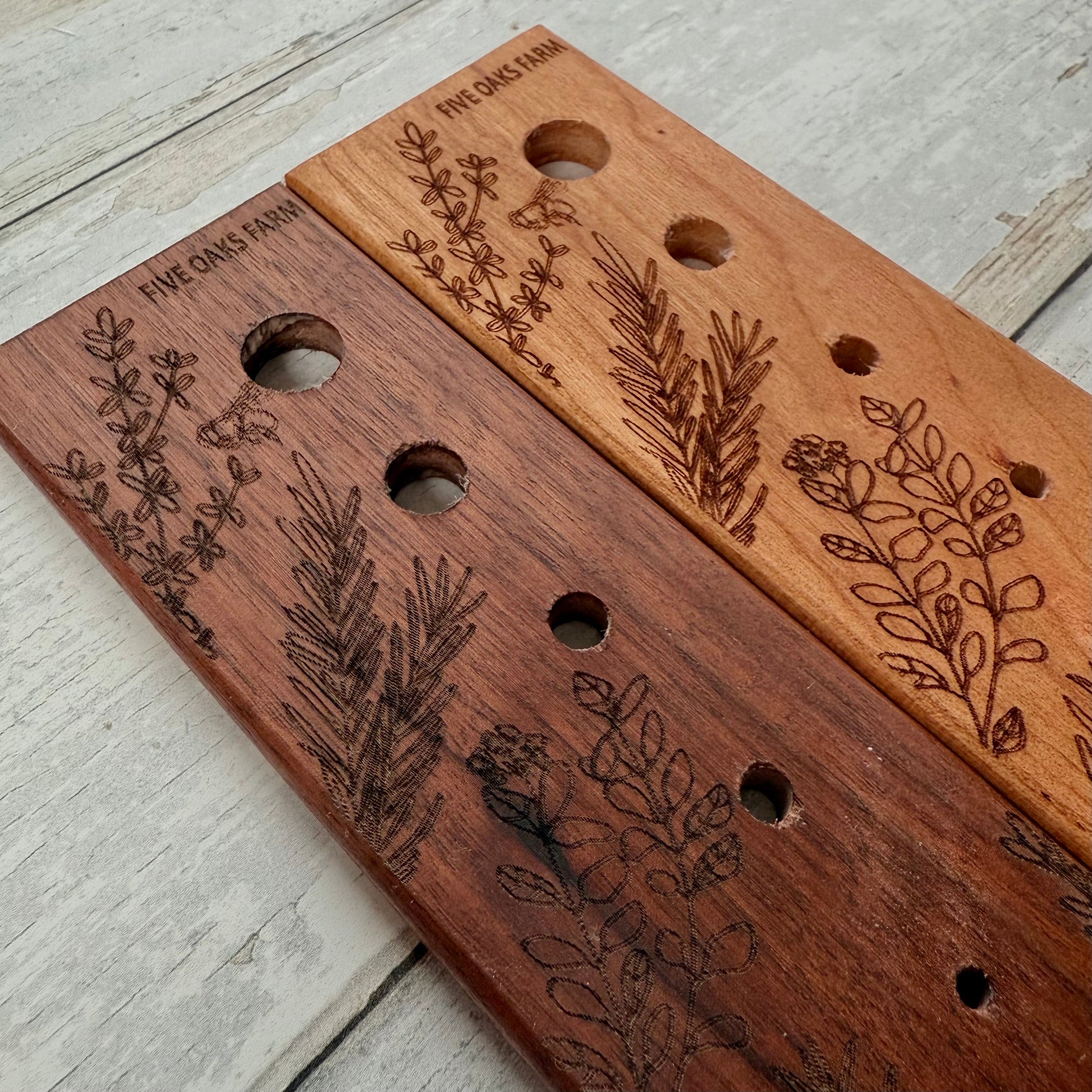 Five Oaks Farm herb stripper with multiple blade holes for easy removal of herb leaves from stems.