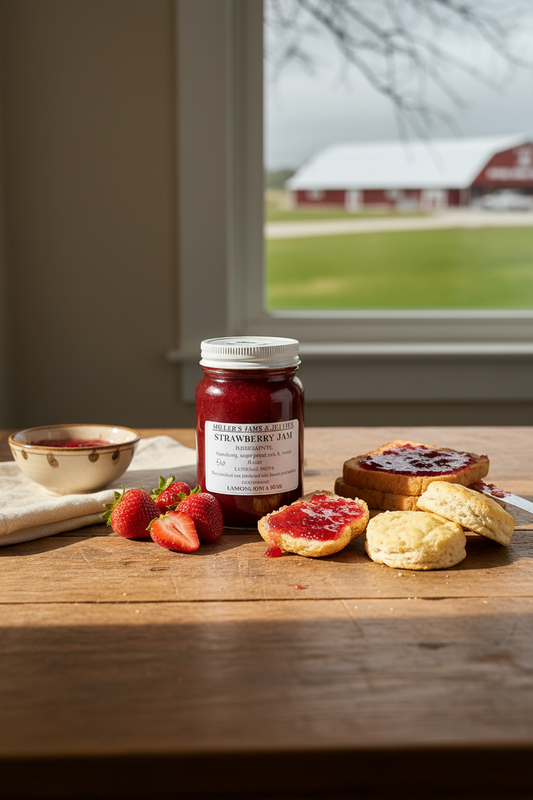 Amish Country Store's Amish strawberry jam in a jar with fresh strawberries and a rustic background.