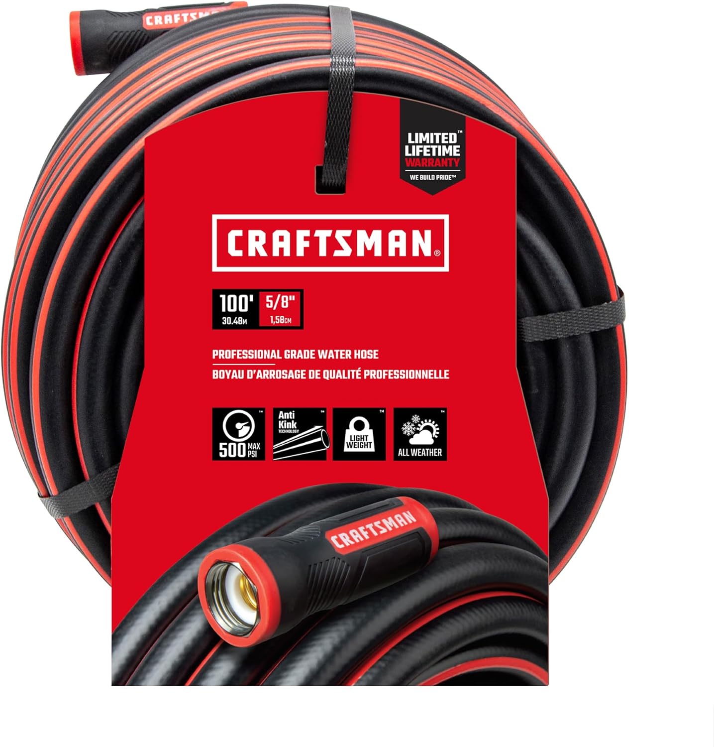 Heavy-duty CRAFTSMAN® professional garden hose by Orbit Irrigation, flexible and durable with a reinforced design.