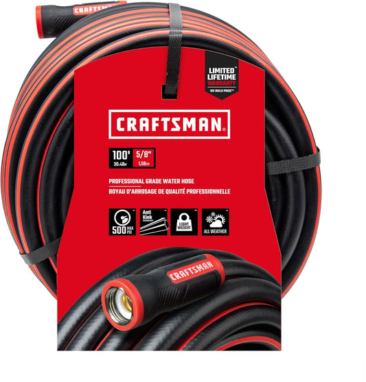Heavy-duty CRAFTSMAN® professional garden hose by Orbit Irrigation, flexible and durable with a reinforced design.