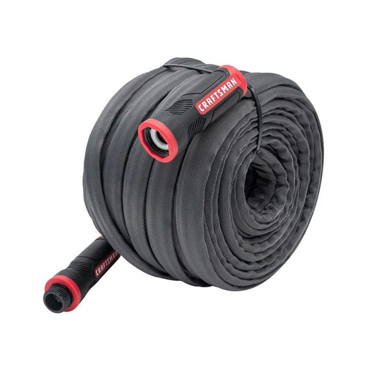 Heavy-duty fabric hose from CRAFTSMAN® ExoShield™ by Orbit Irrigation, 100 feet long, with reinforced exterior for durability.