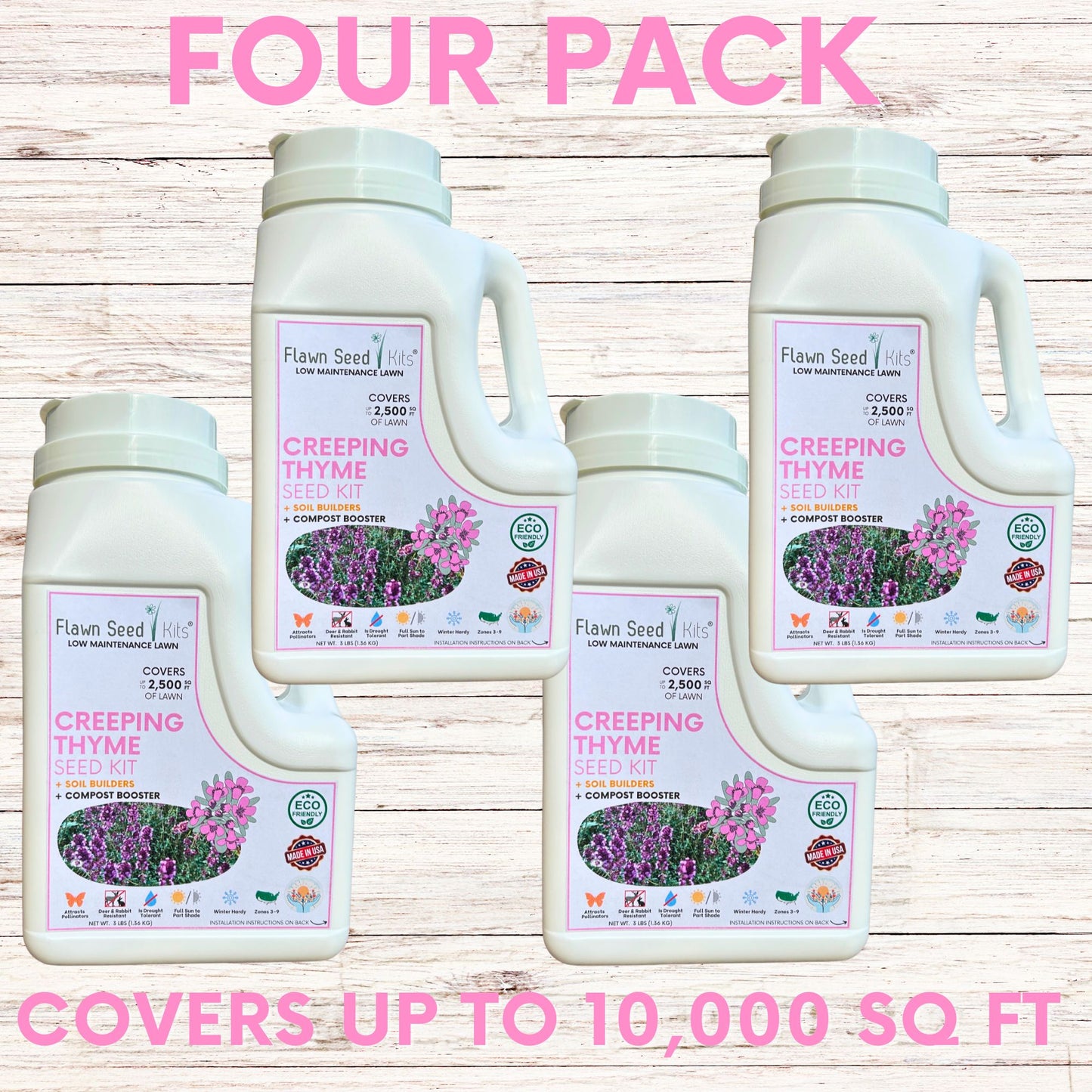 Creeping thyme seeds in easy spread shaker from Flawn Seed Kits, ideal for planting in garden or garden bed.