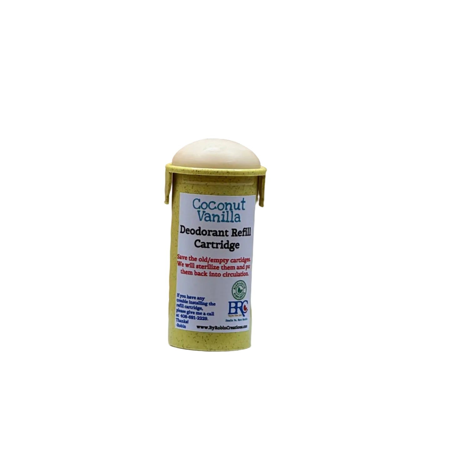 Natural probiotic deodorant by Robin Creations, featuring new packaging, with a sleek stick design for effective body odor control.