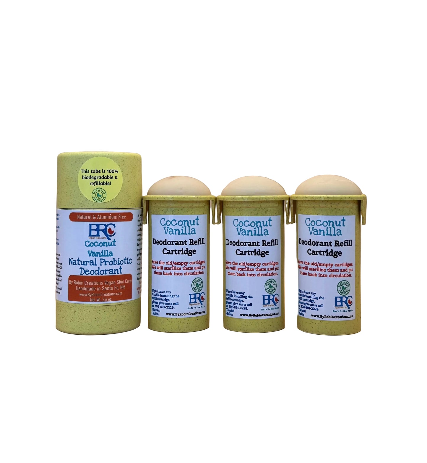 Natural probiotic deodorant by Robin Creations in new packaging, showing the sleek container and fresh design.