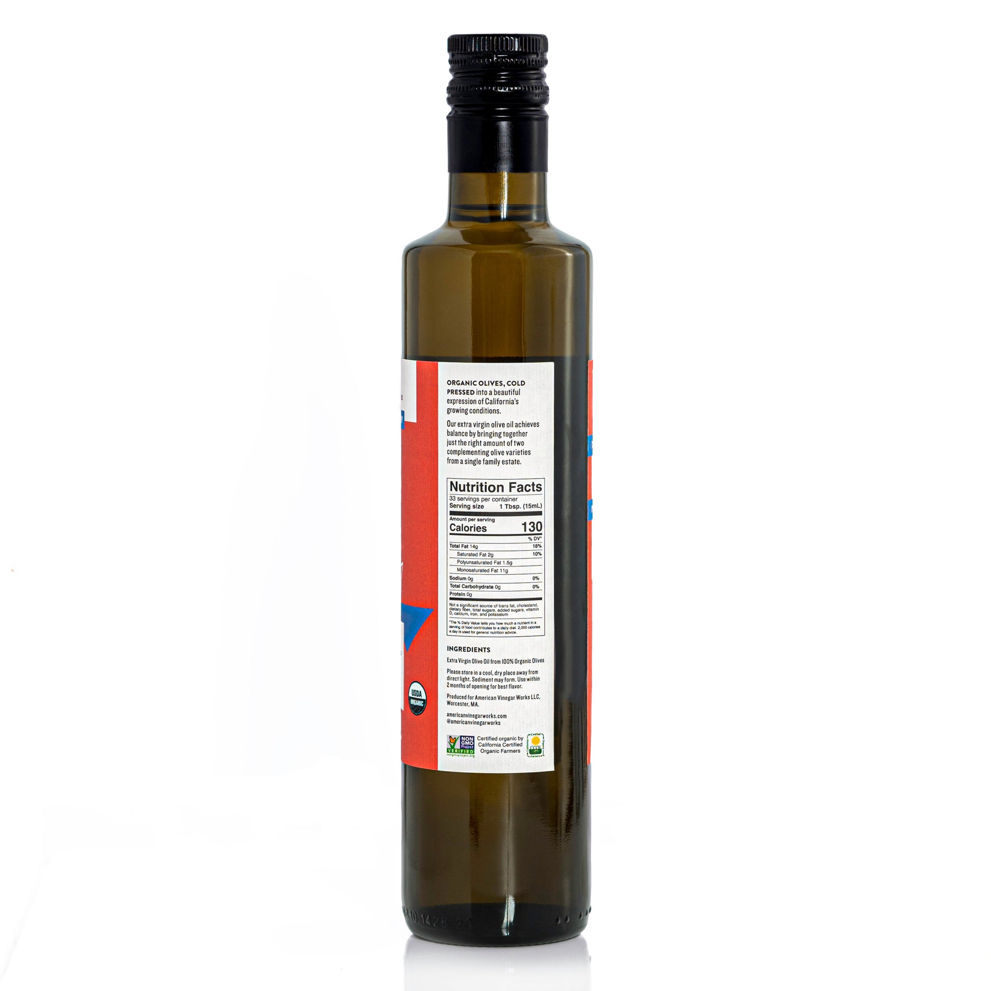 California organic extra virgin olive oil bottle with nutrition facts label, showcasing American Vinegar Works branding and product details.