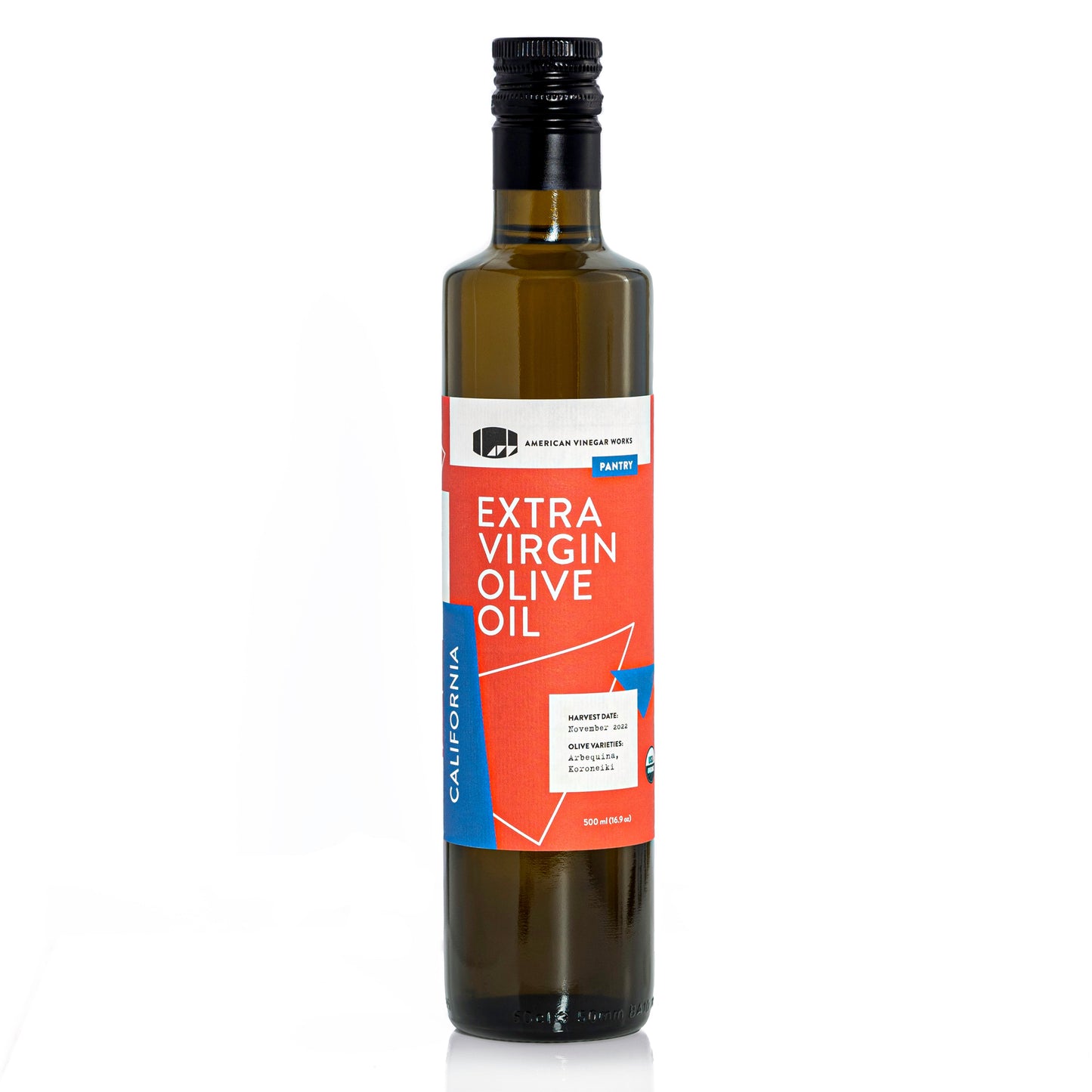 Bottle of California organic extra virgin olive oil from American Vinegar Works, with a green label and olive branch illustration.