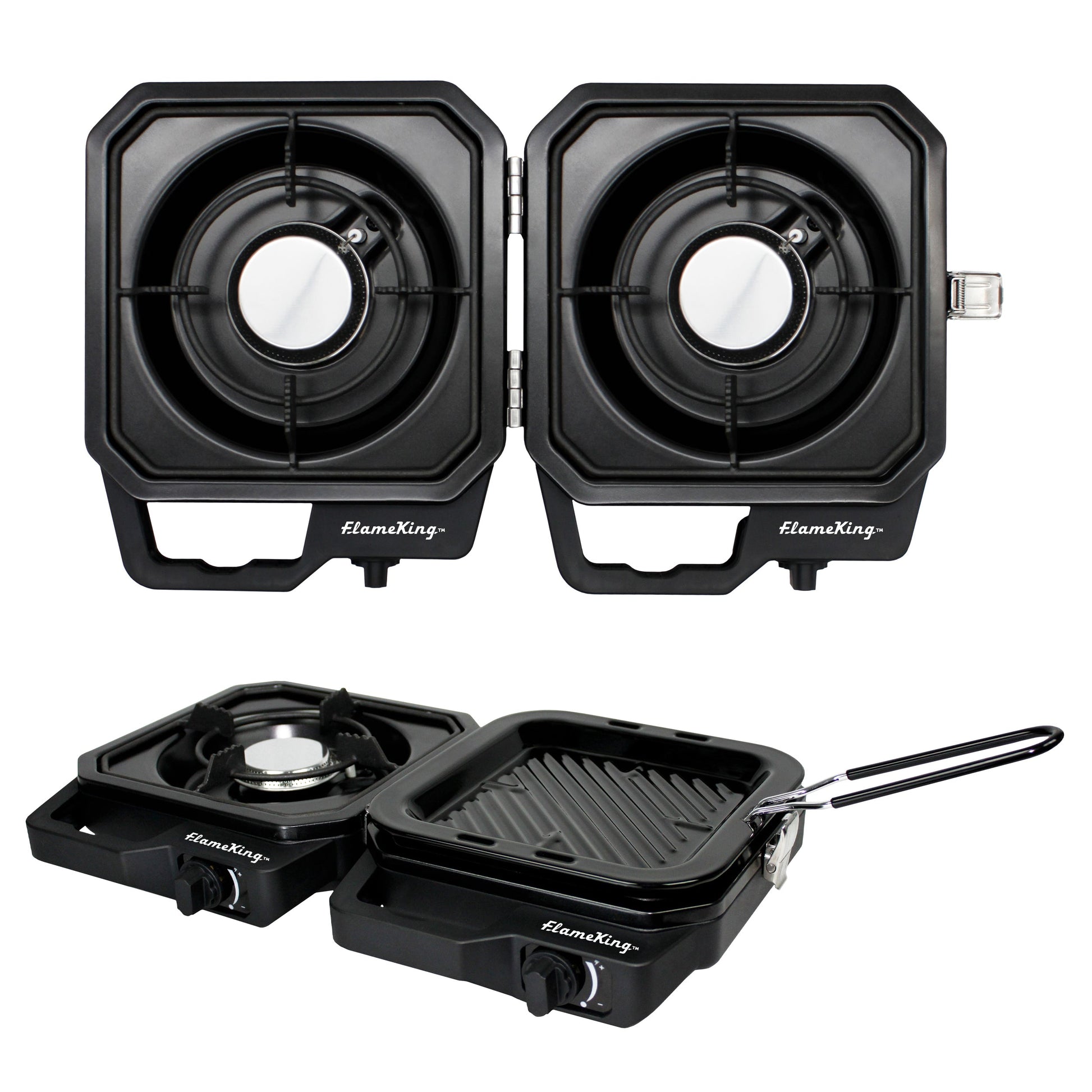Flame King Portable Propane Campact Cooker grill with stainless steel surface and adjustable burner for outdoor cooking.