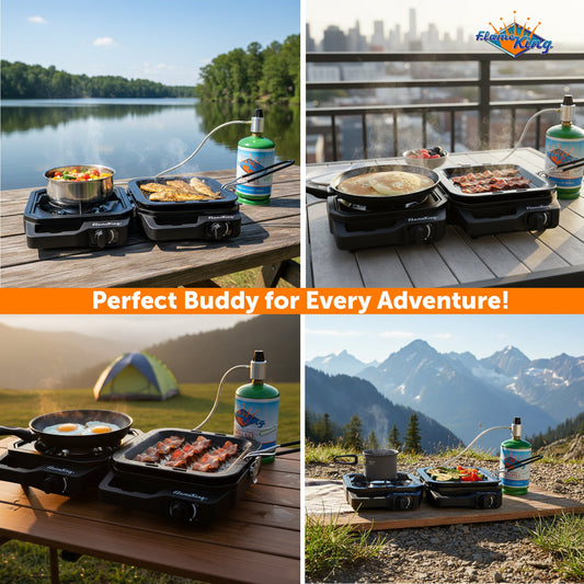 Flame King Portable Propane Campact Cooker grill with two burners, compact design, ideal for camping and outdoor cooking.