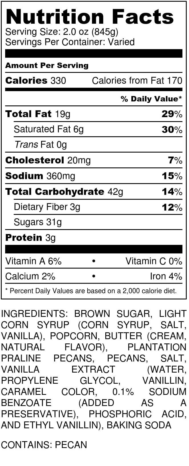 Millican Pecan caramel pecan popcorn in a 1-gallon pail with praline pecans and nutrition label visible.