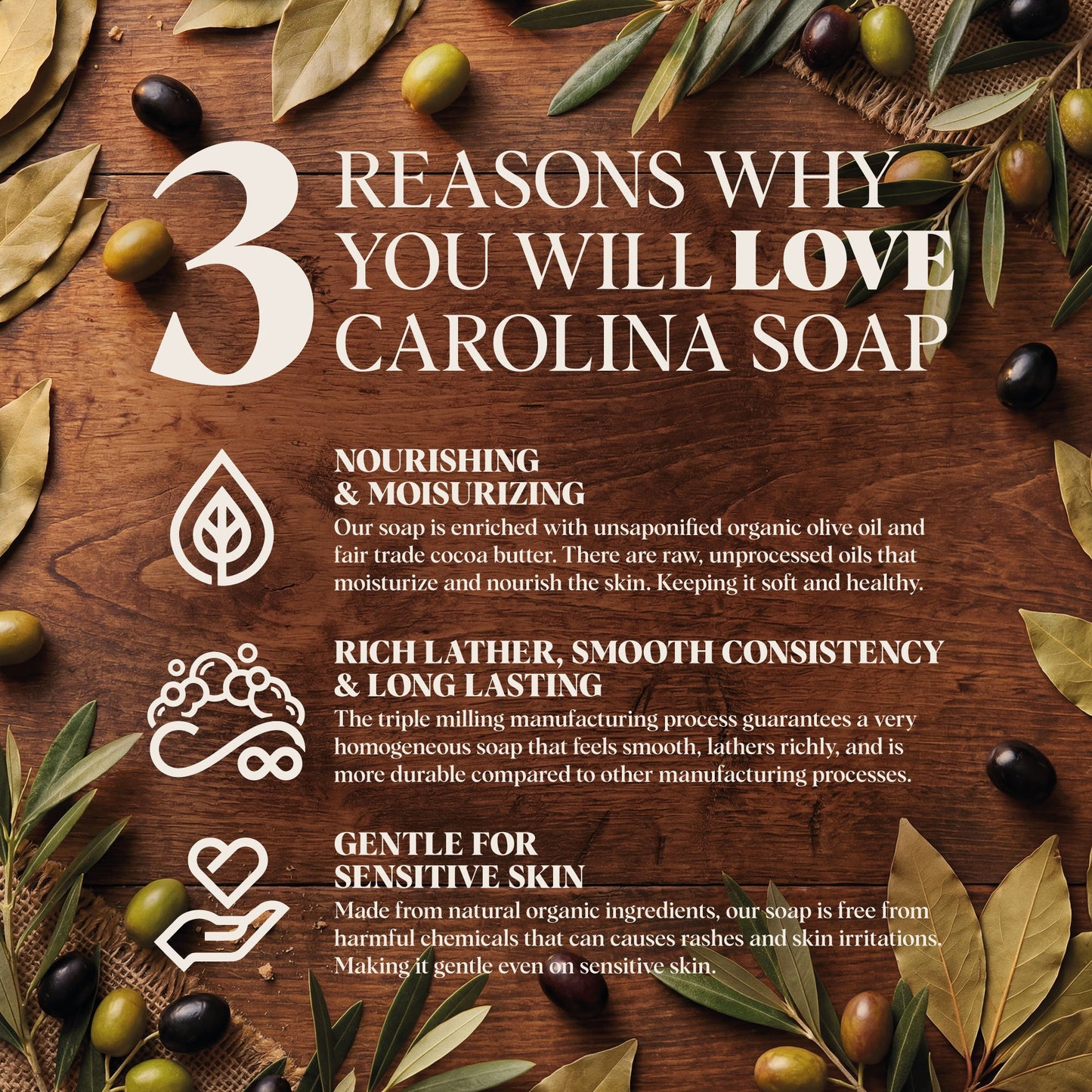 Bar of Carolina Castile Soap with Bay Rum scent, showing the natural soap bar with a smooth surface and Bay Rum label.