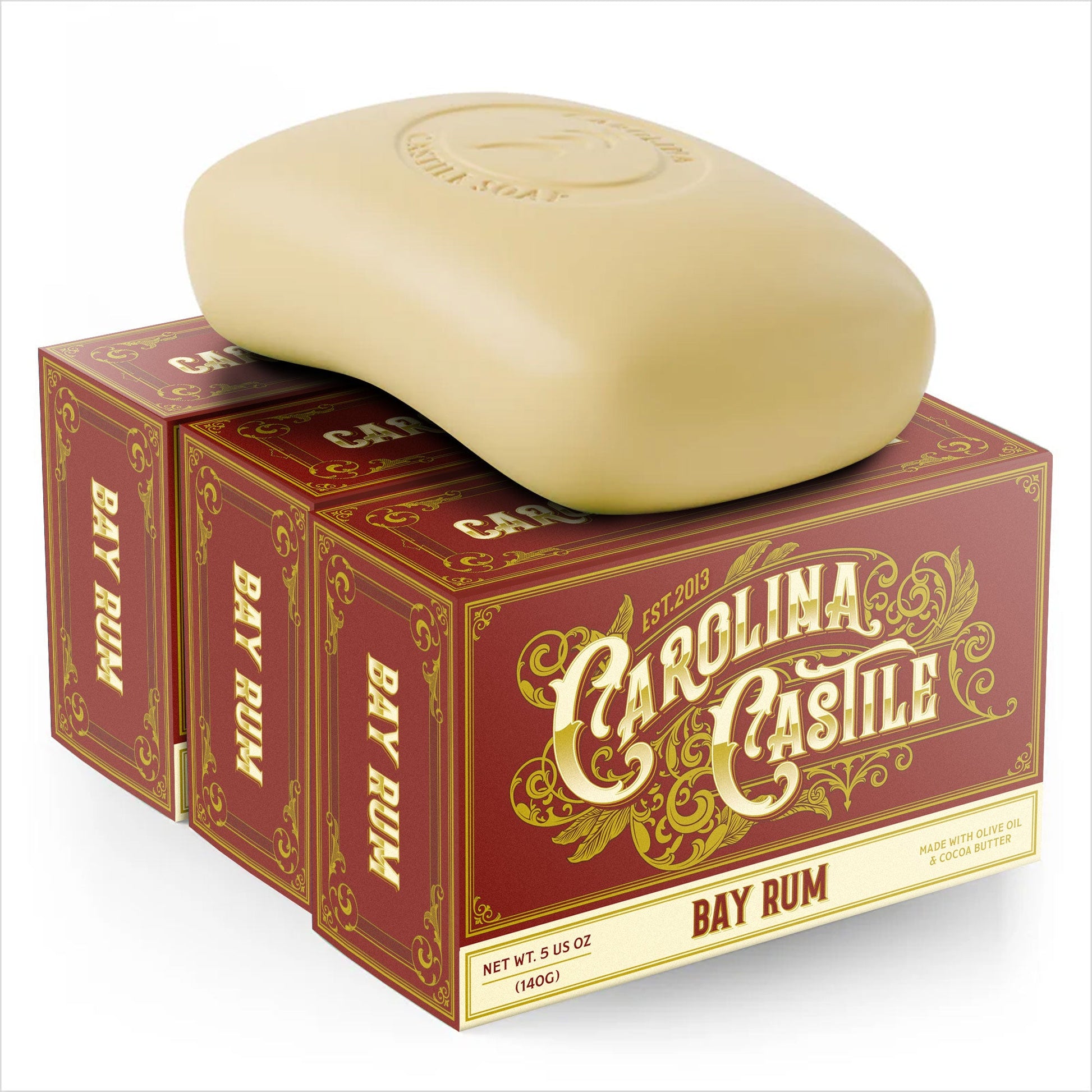 Bar of Carolina Castile Soap with Bay Rum scent, showcasing a natural, handcrafted Castile soap bar.