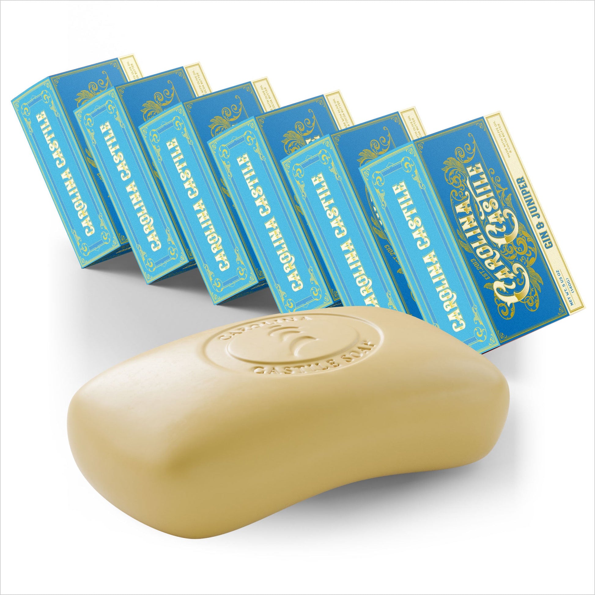 Bar of Carolina Castile Soap with gin and juniper scent, featuring a natural soap bar with botanical ingredients and herbal aromas.