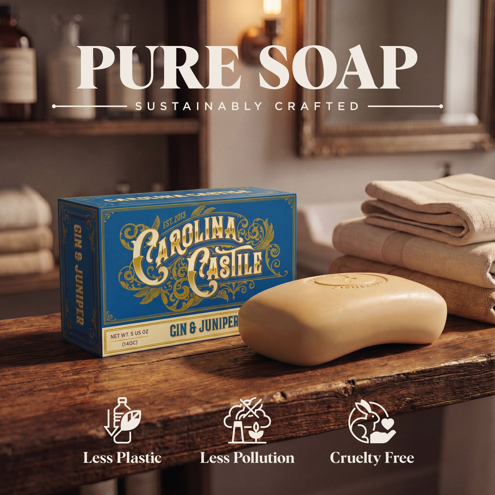 Bar of Carolina Castile Soap with gin and juniper scent, featuring a white soap bar with botanical illustrations on the packaging