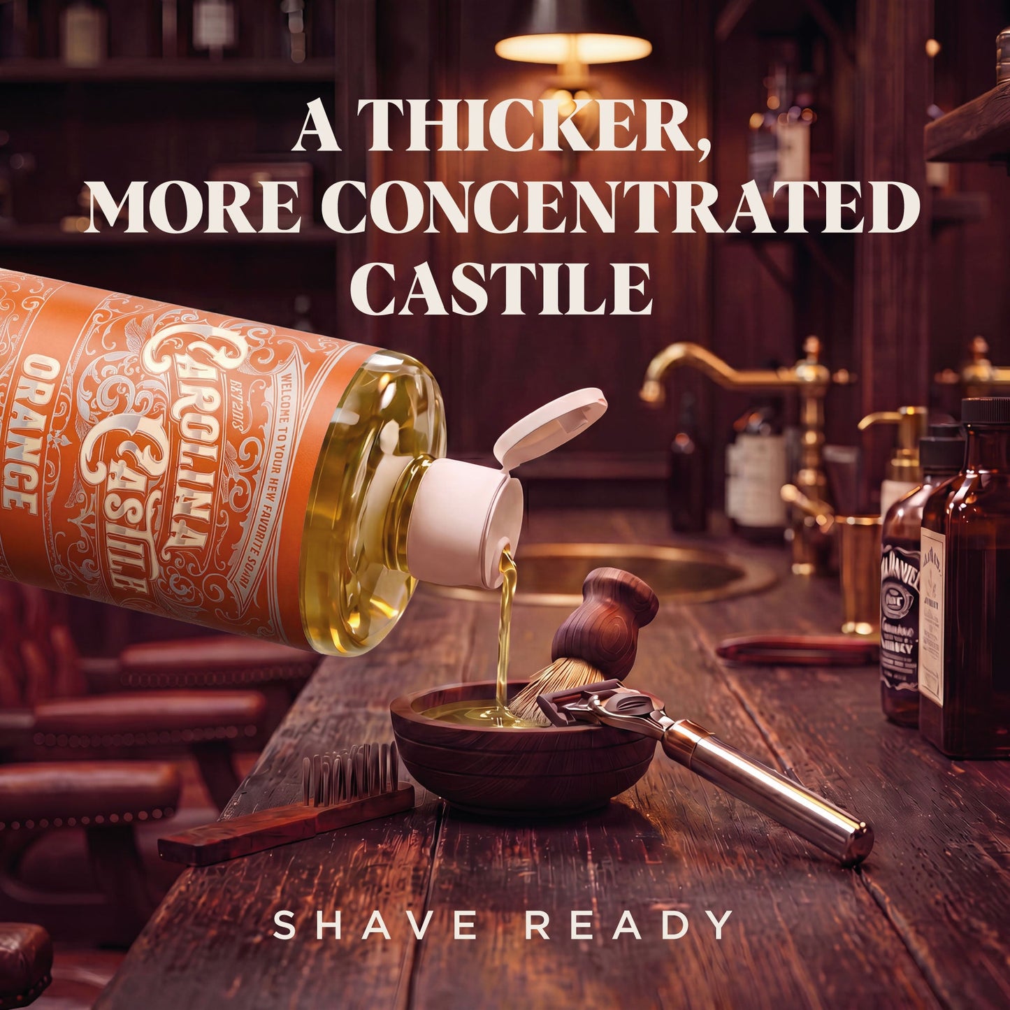 Bottle of Carolina Castile Soap in vibrant orange, highlighting natural orange scent and eco-friendly packaging.