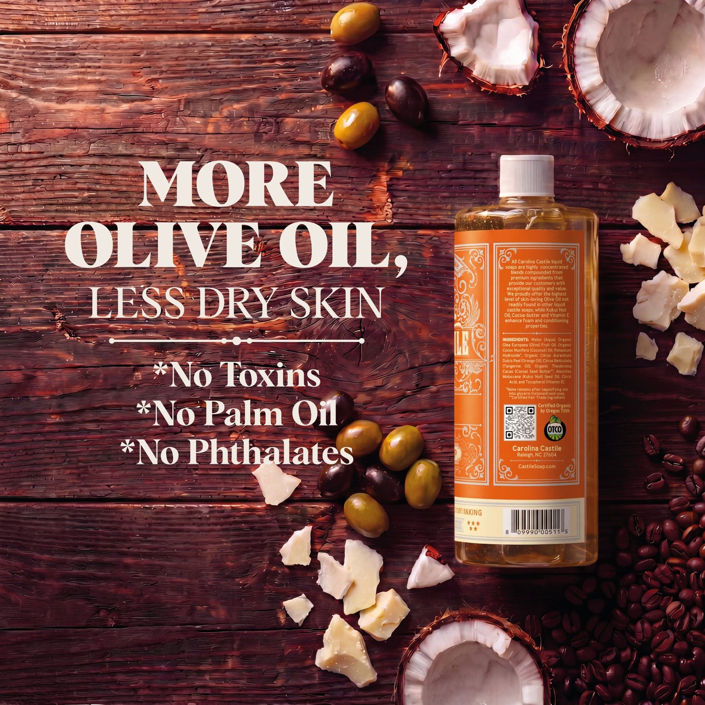 Orange Castile Soap by Carolina Castile Soap in a clear bottle with orange liquid, natural and gentle for skin and cleaning.