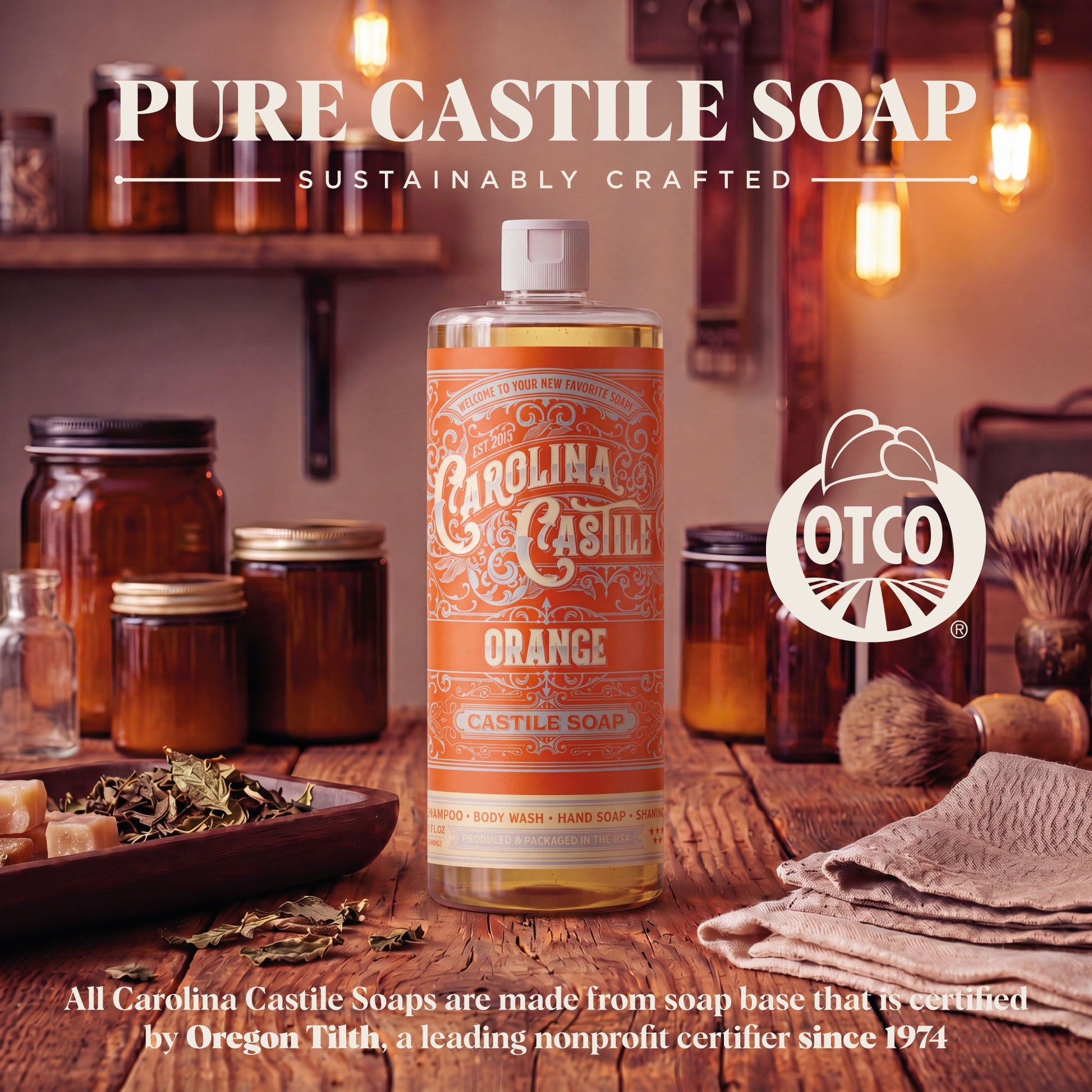 Orange Castile Soap by Carolina Castile Soap in a clear bottle with orange liquid and natural ingredients, suitable for gentle cleaning.