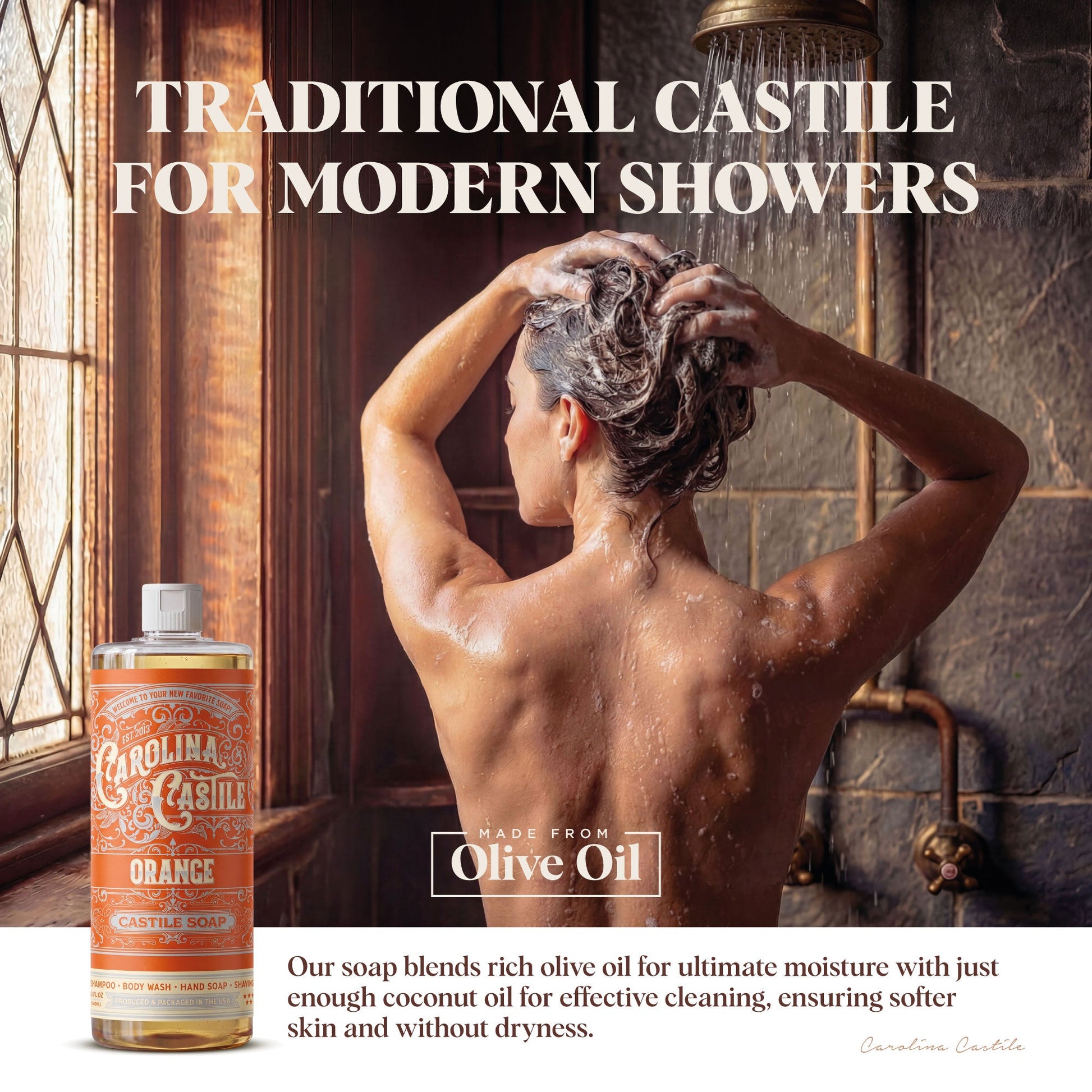 Liquid orange castile soap by Carolina Castile Soap in a clear pump bottle with orange liquid inside.