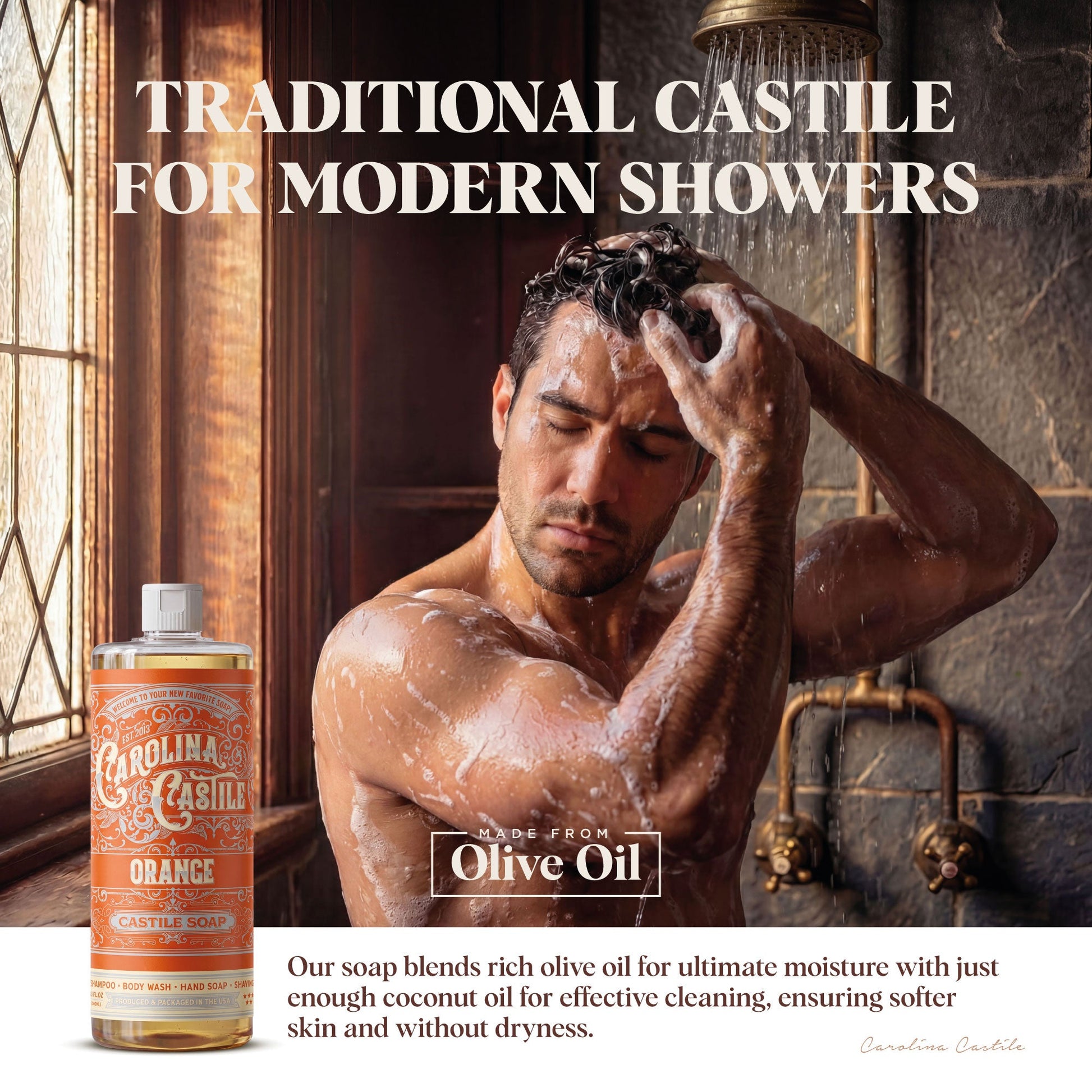 Orange Castile Soap by Carolina Castile Soap in a clear bottle with orange liquid, highlighting natural ingredients and citrus scent.