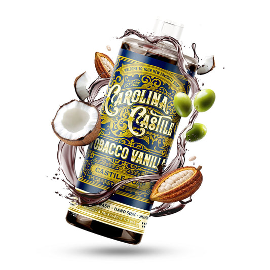 Tobacco Vanilla Carolina Castile Soap in a 32oz pump bottle, featuring a clear liquid soap with tobacco and vanilla scent.