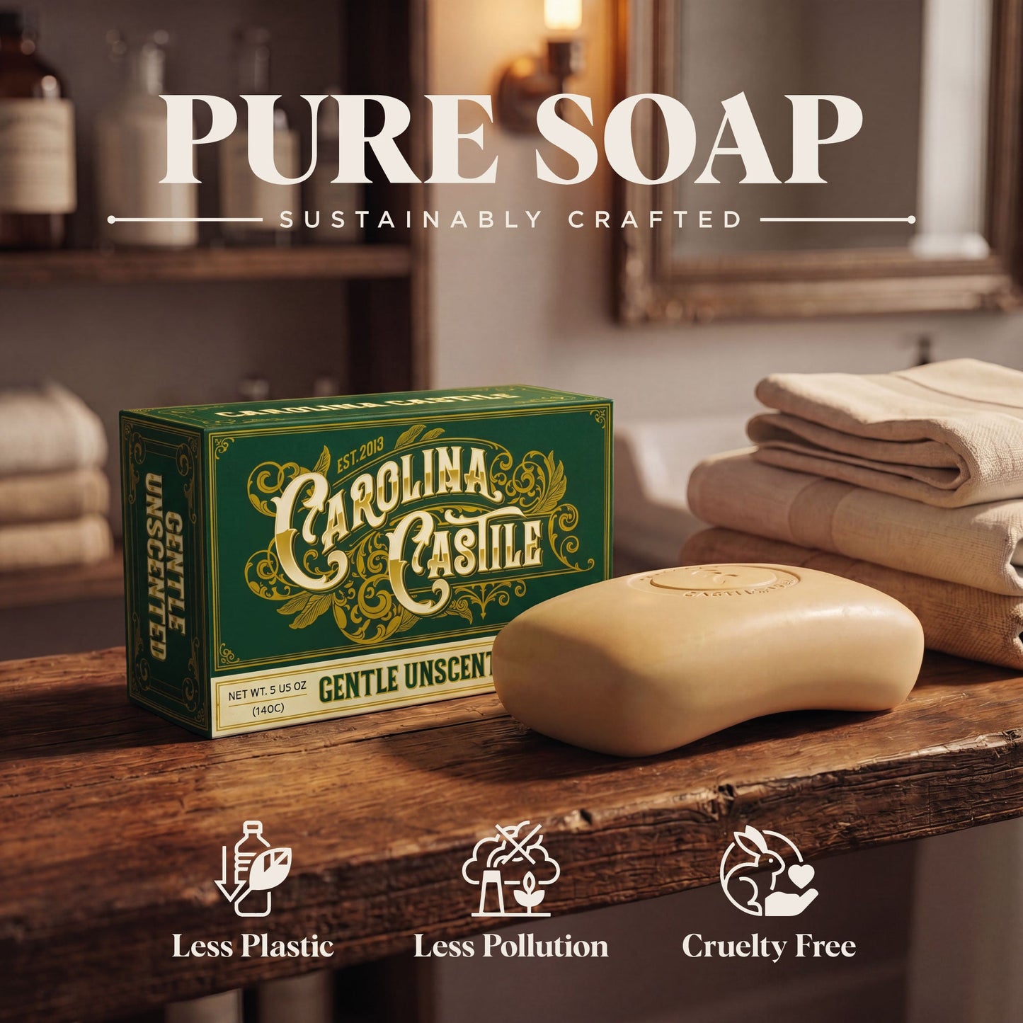 Gentle unscented Castile bar soap by Carolina Castile Soap with a clean, natural appearance and minimal packaging.