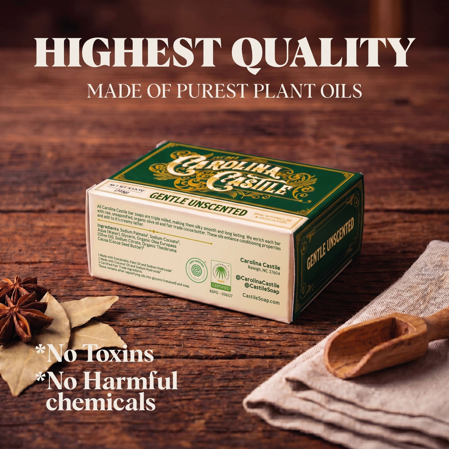 Gentle unscented Castile bar soap by Carolina Castile Soap showing a plain, natural soap bar on a neutral background.