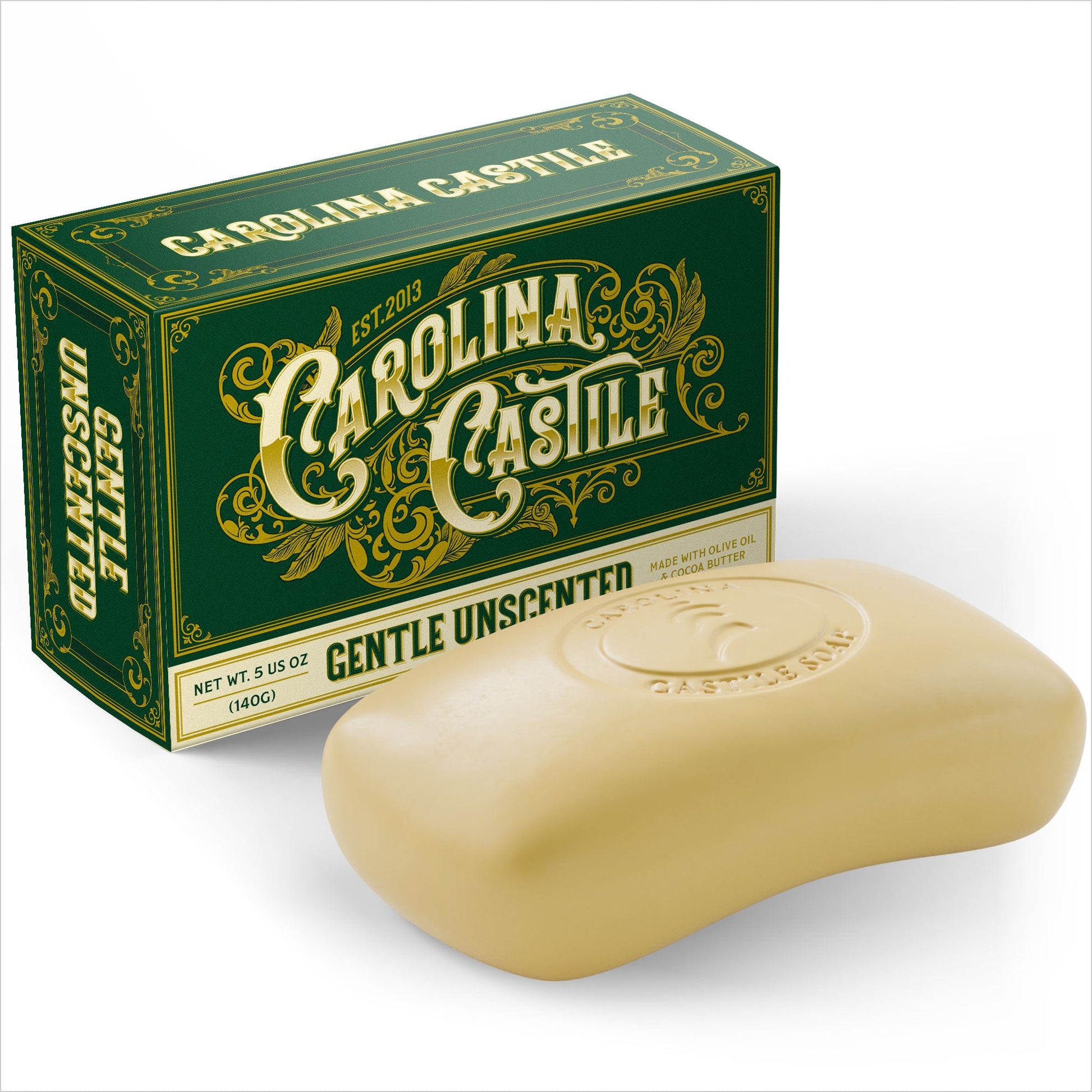 Gentle unscented Carolina Castile Soap bar with natural ingredients, perfect for sensitive skin care.