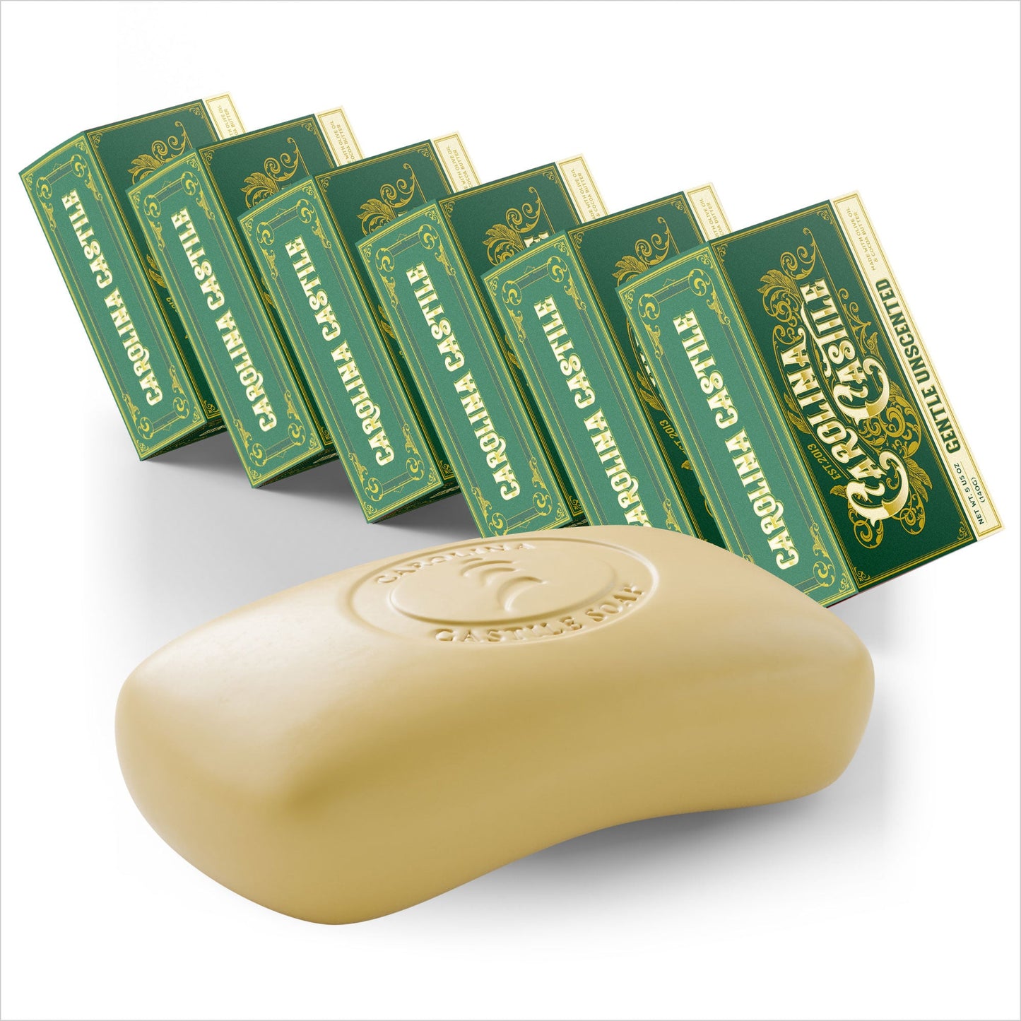 Gentle unscented Castile bar soap by Carolina Castile Soap, showing a plain soap bar with smooth edges and natural color.