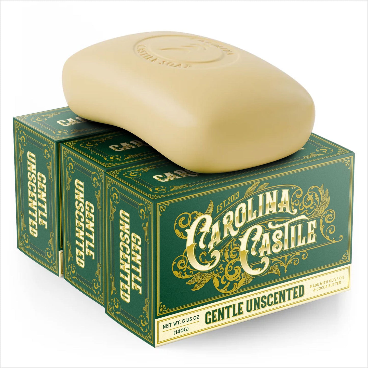 Gentle unscented Carolina Castile Soap bar with natural ingredients, designed for sensitive skin and everyday cleansing.