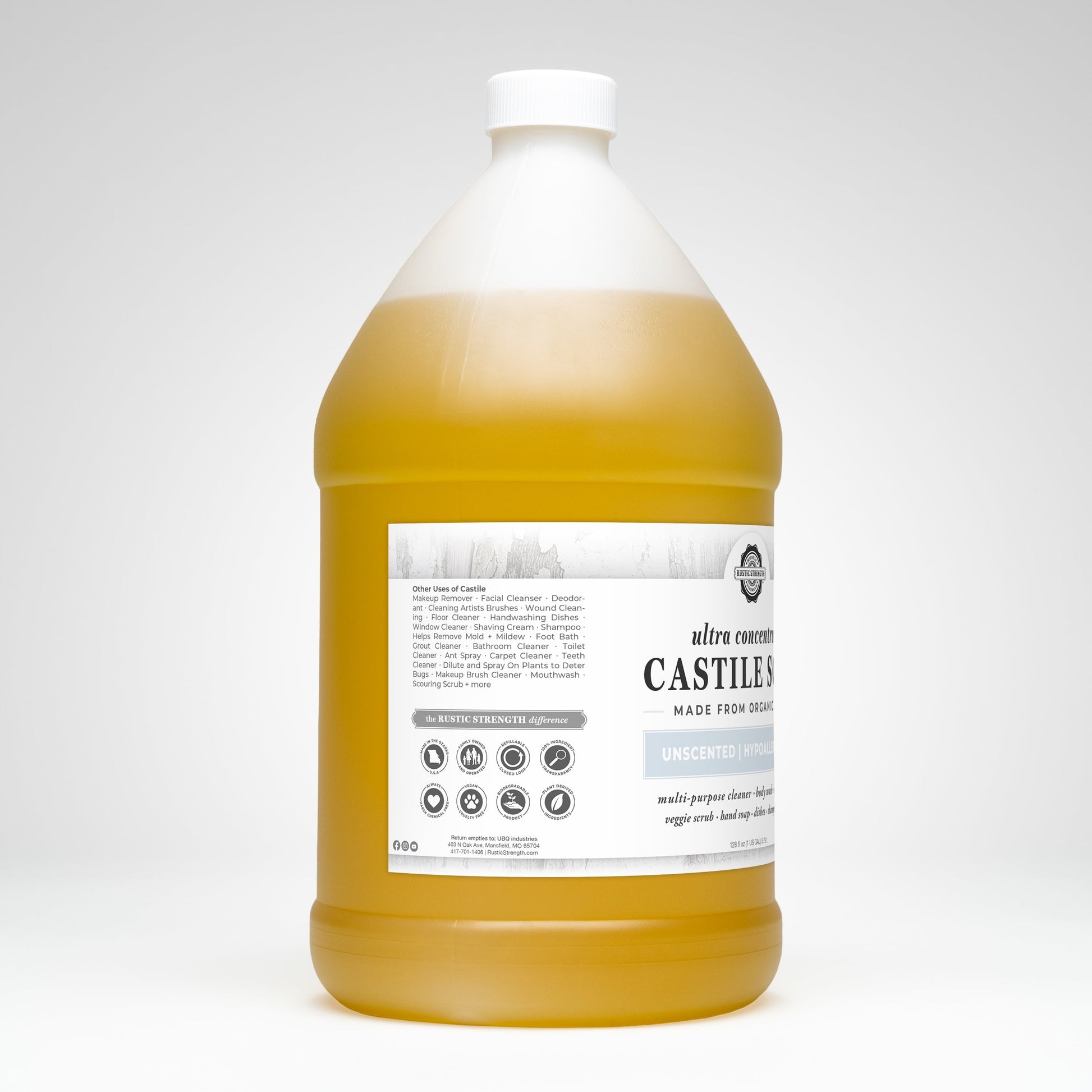 A clear plastic gallon jug of Rustic Strength Castile Soap - Ultra Concentrate | Unscented, made from organic oils, features a white label with usage icons and ingredients, highlighting its effectiveness as a multi-purpose cleaner.