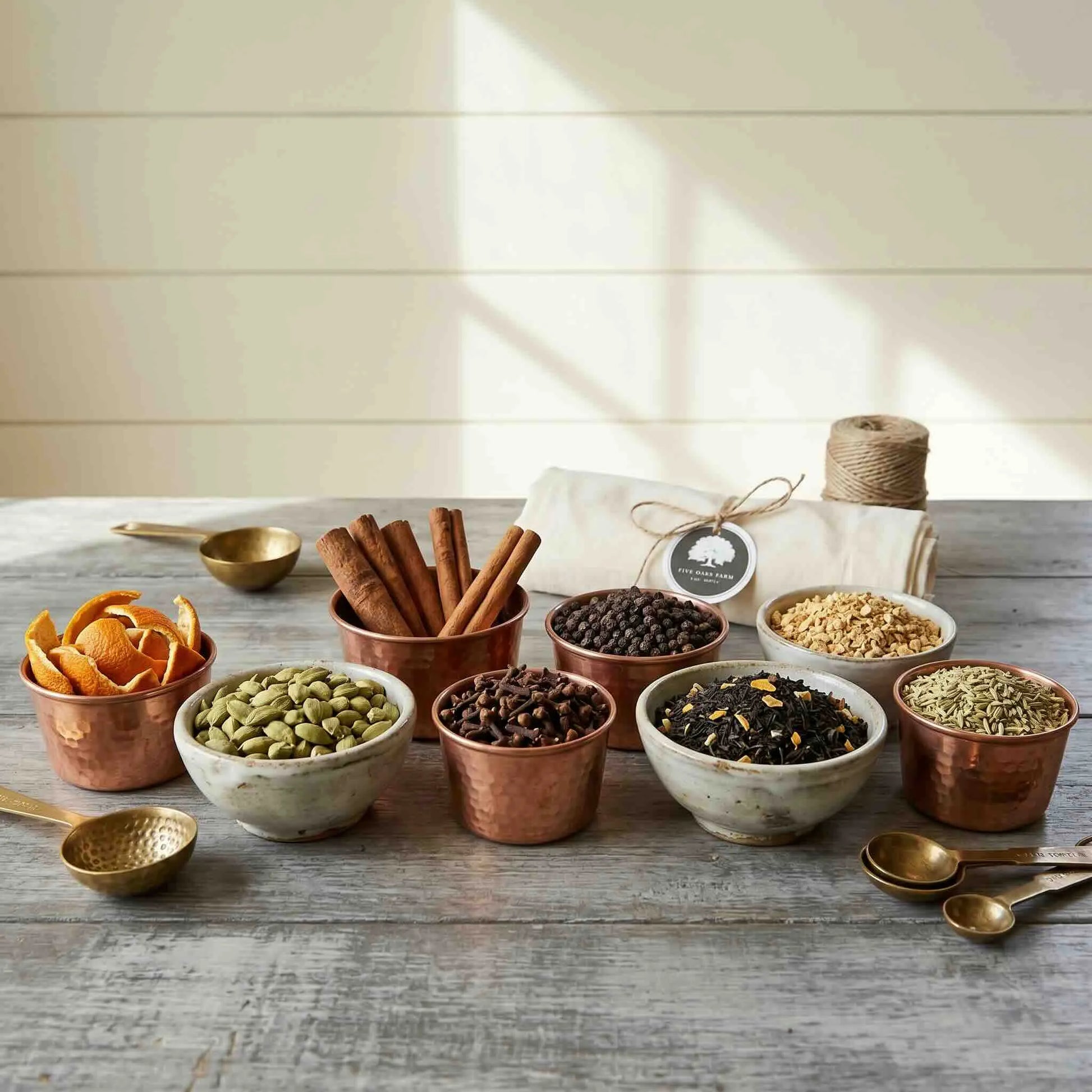 Five Oaks Farm chai tea mix featuring aromatic spices and herbs in a clear jar, showcasing fresh ingredients for homemade chai.
