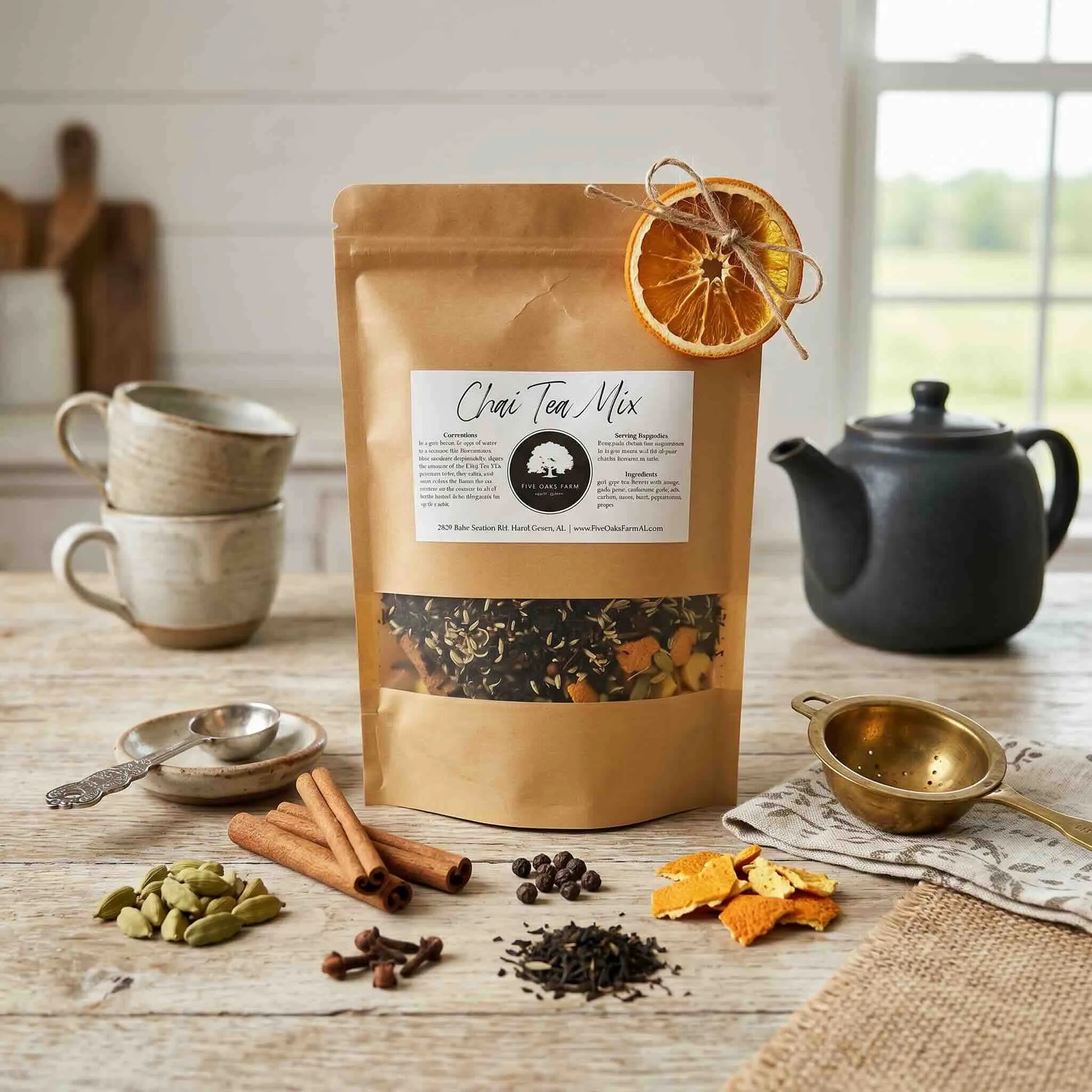 Five Oaks Farm Chai Tea Mix kit featuring spices, tea leaves, and ingredients for homemade chai tea preparation.