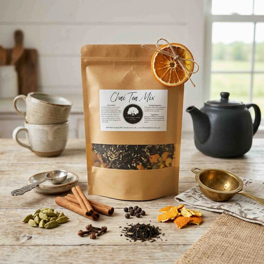 Five Oaks Farm Chai Tea Mix kit featuring spices, tea leaves, and ingredients for homemade chai tea preparation.