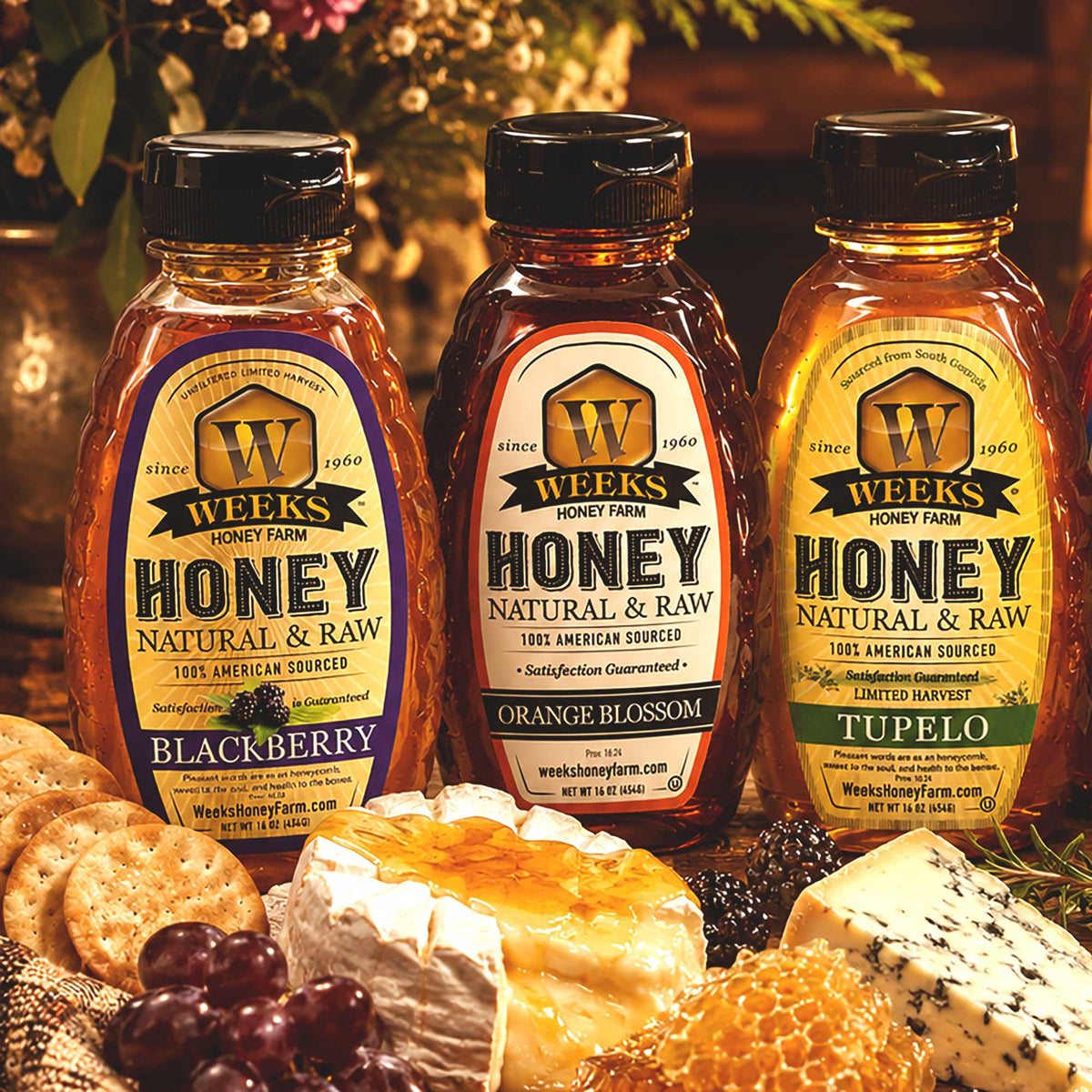 Weeks Honey Farm raw honey trio gift set with blackberry, orange blossom, and tupelo honey jars