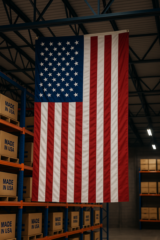 Double-sided American flag for vertical display by Flagman of America, made in the USA, featuring vibrant stars and stripes.