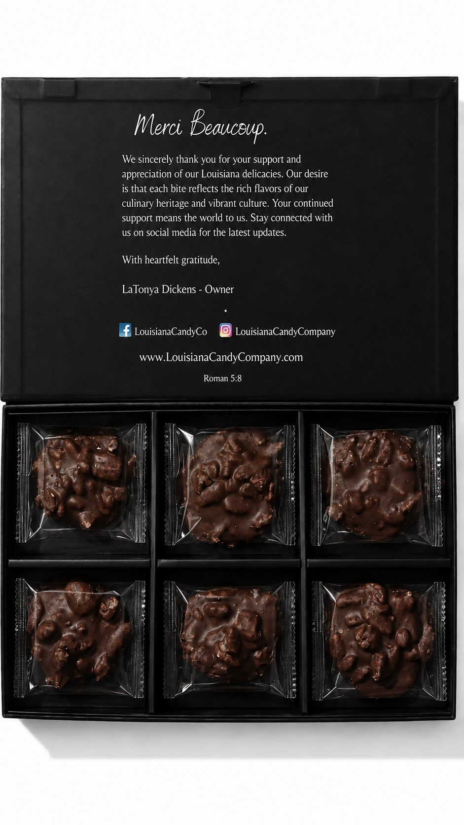 Six Mississippi Mudslide pralines from Louisiana Candy Company, showcasing rich chocolate and pecan toppings on a decorative plate.