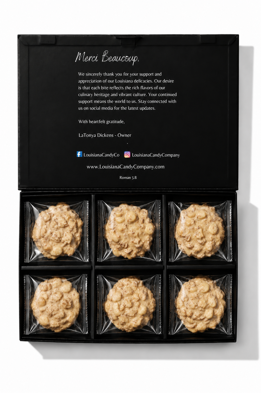 Toasted coconut and macadamia nut pralines from Louisiana Candy Company, showcasing glossy, nut-filled confections on a plate.