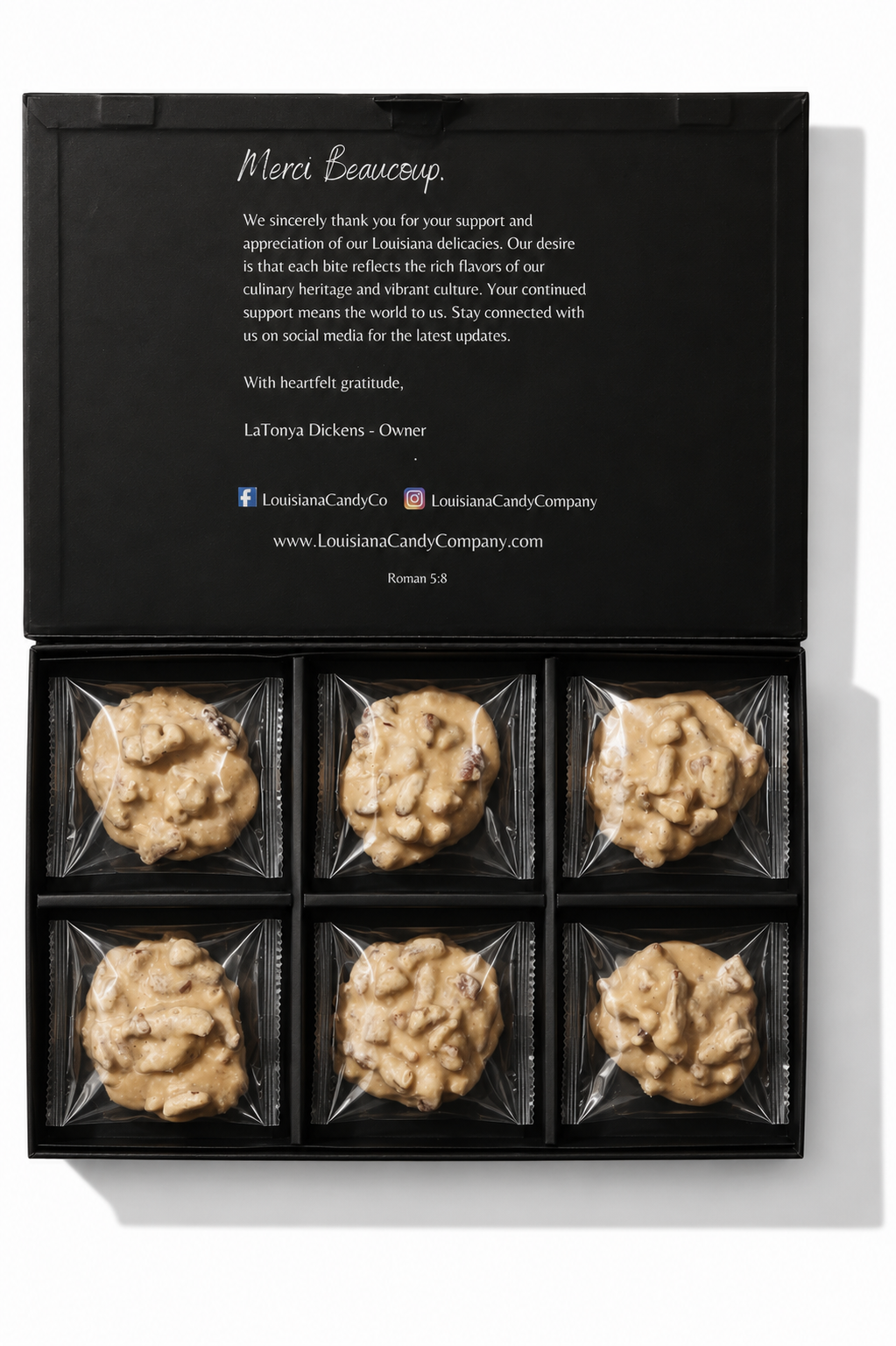 Six classic pecan pralines from Louisiana Candy Company displayed on a white plate with a glossy finish.