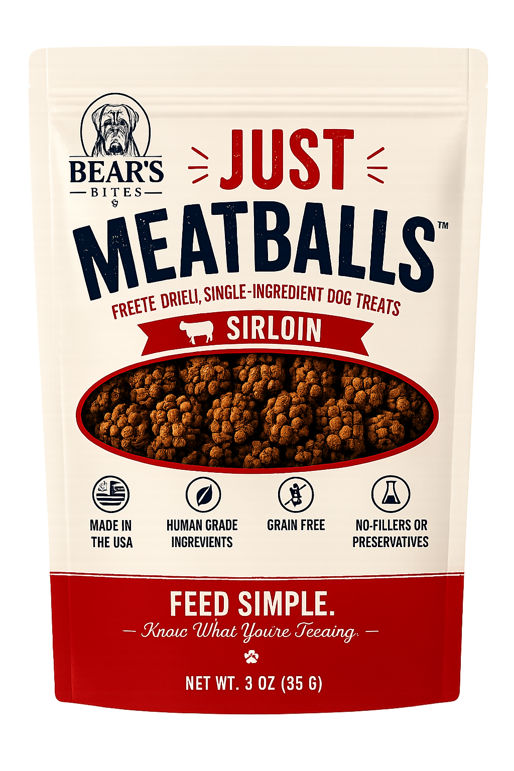 Freeze-dried sirloin meatball dog treats from Bear's Bites, showing a close-up of single-ingredient beef treats for dogs.