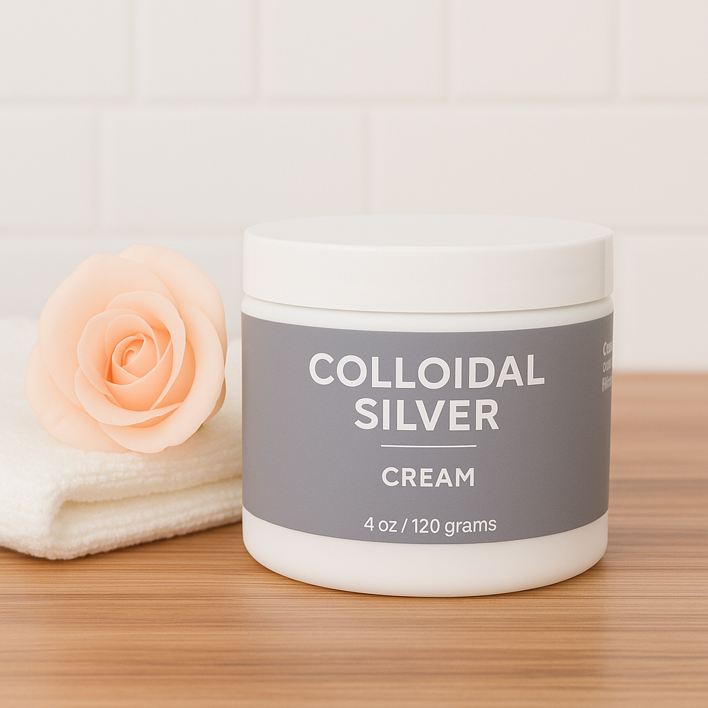 Organic colloidal silver cream in a jar, therapeutic skincare product by Taylor Made Organics with a clean, natural appearance.