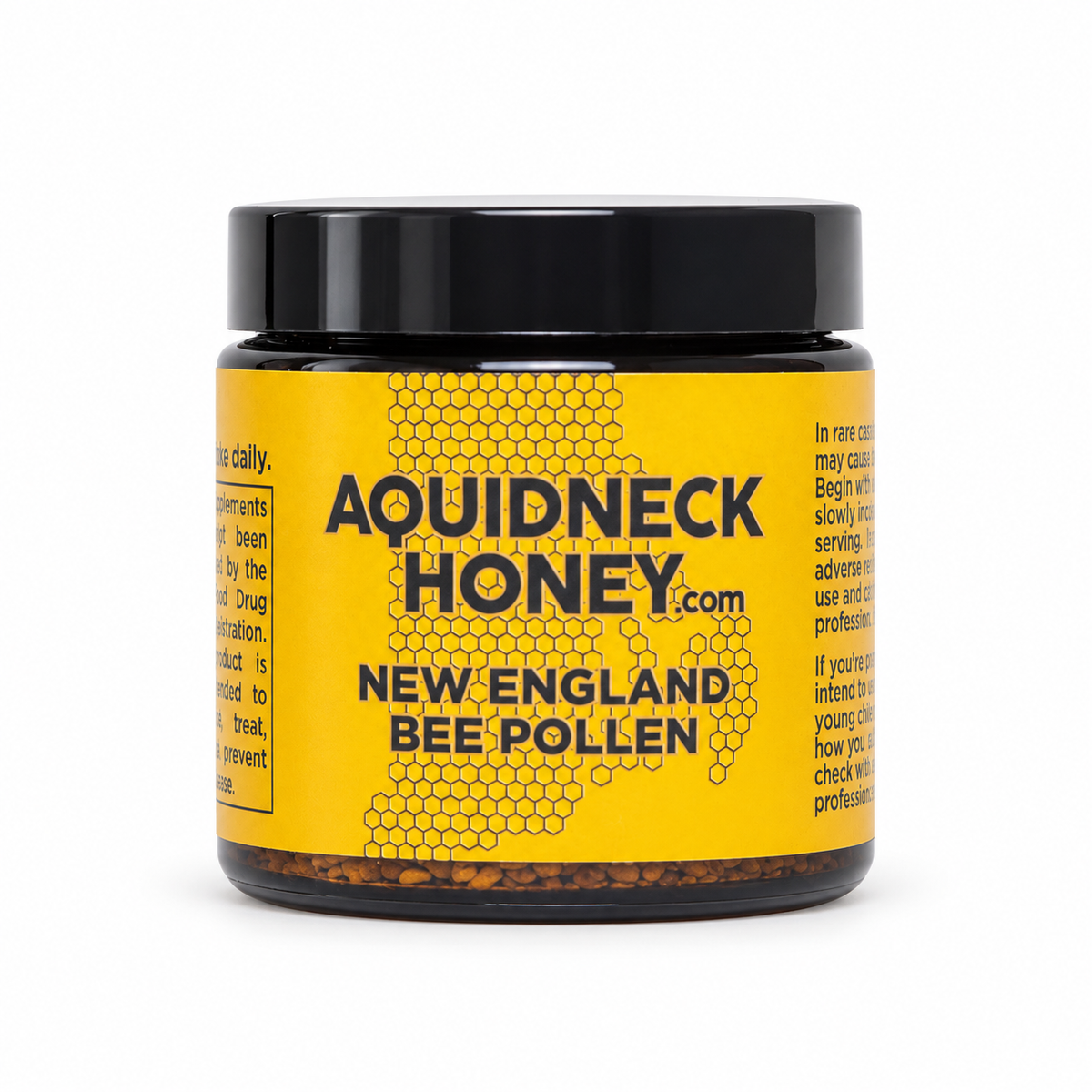Pure raw bee pollen from Aquidneck Honey, showing golden granules in a clear container, sourced from NH, RI, and MA.