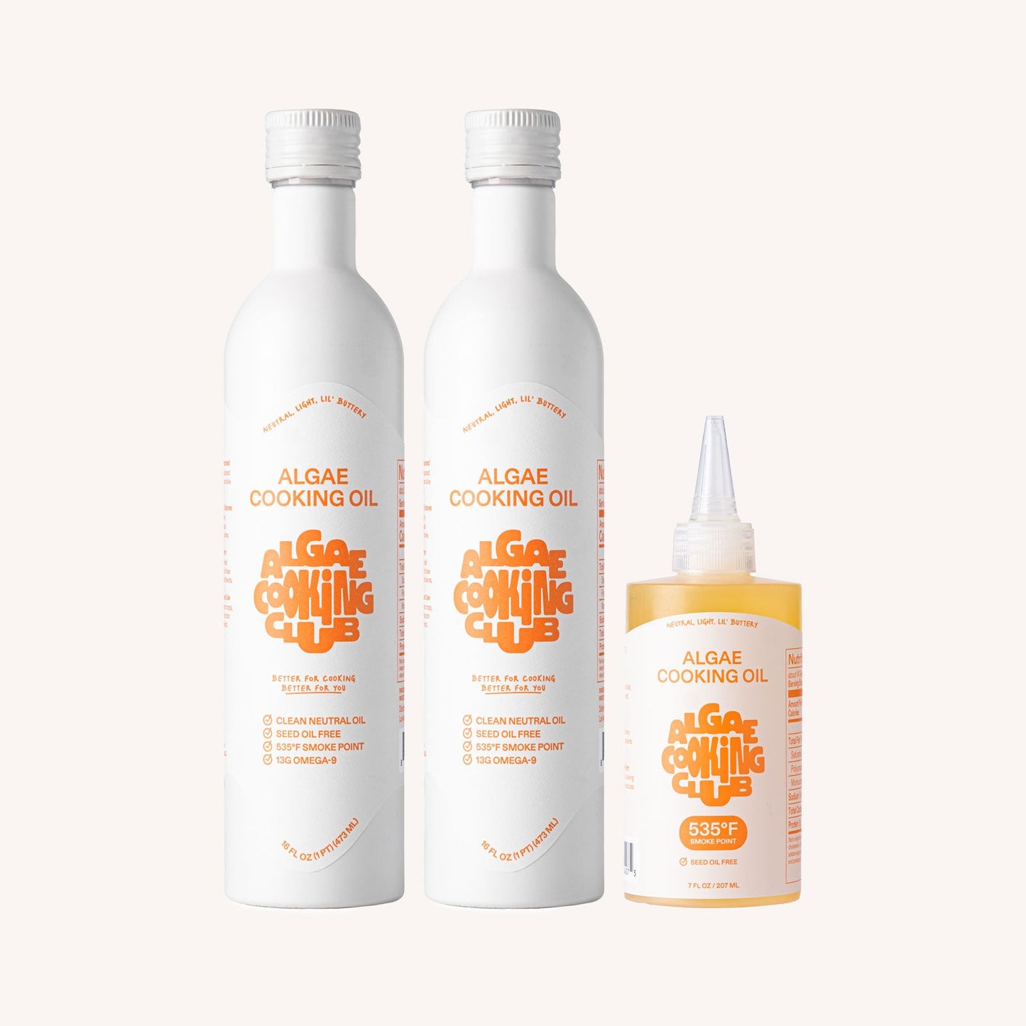 Chef-grade Algae Cooking Oil trio from Algae Cooking Club, featuring three squeeze bottles of healthy algae-based cooking oil.