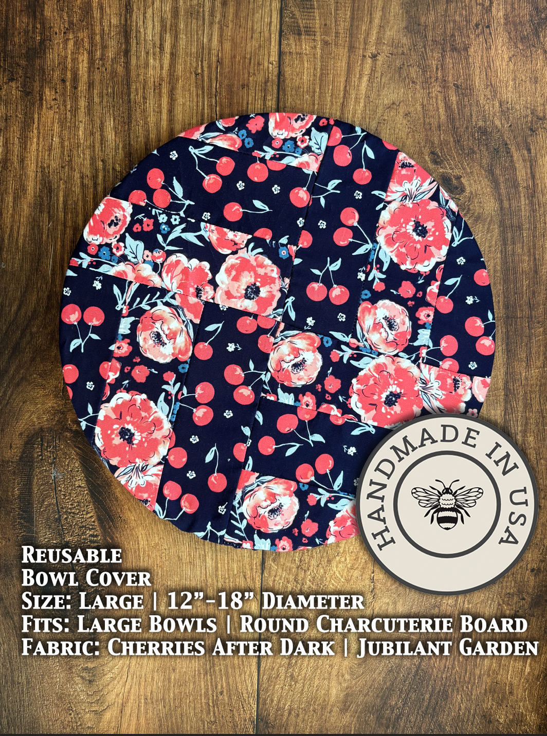 Large bowl covers from Five Oaks Farm with cherries and dark garden scene, showcasing protective covers for fresh produce.