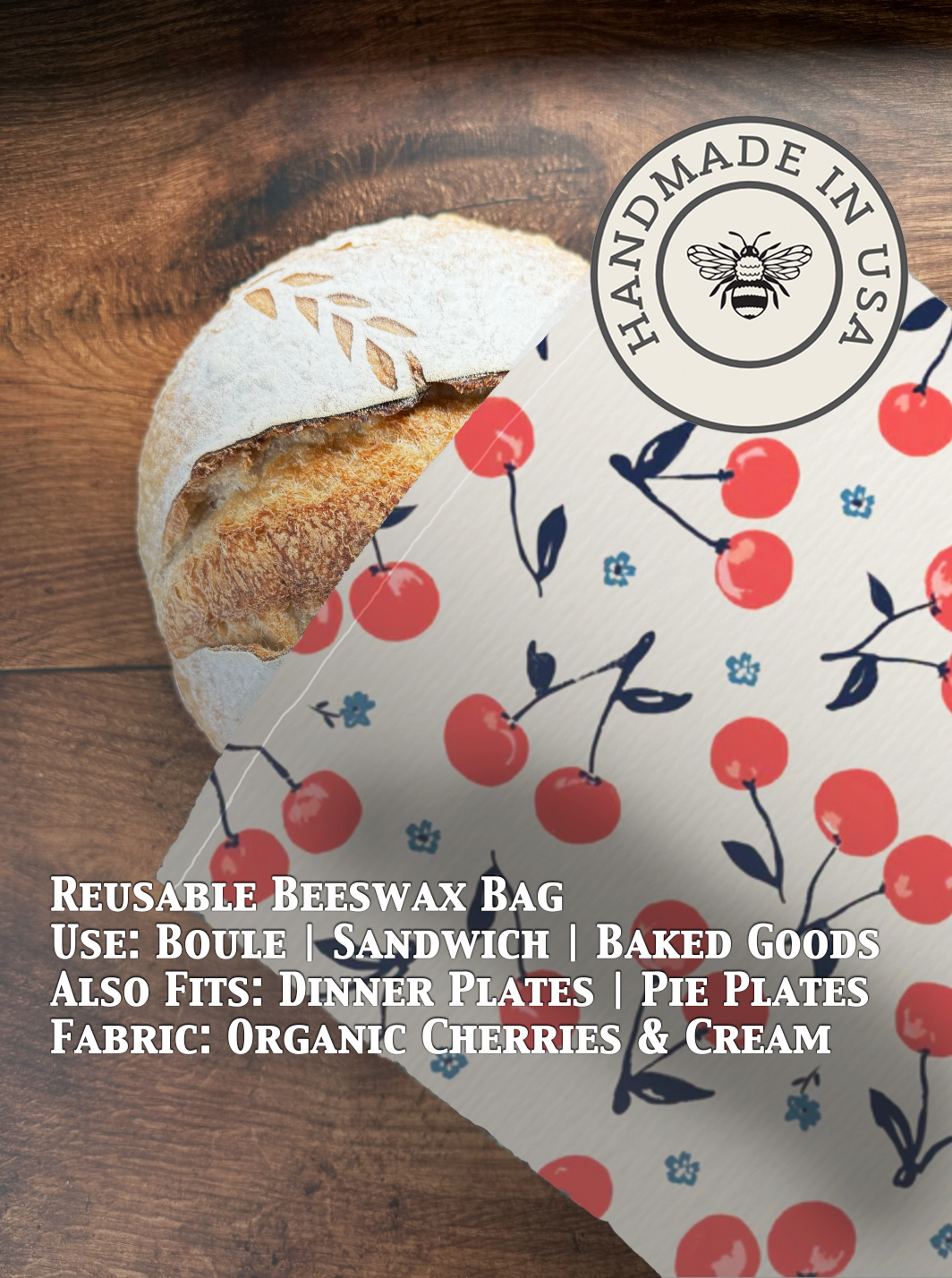 Beeswaxed bread bag from Five Oaks Farm with cherries and cream design, ideal for storing bread naturally and eco-friendly.