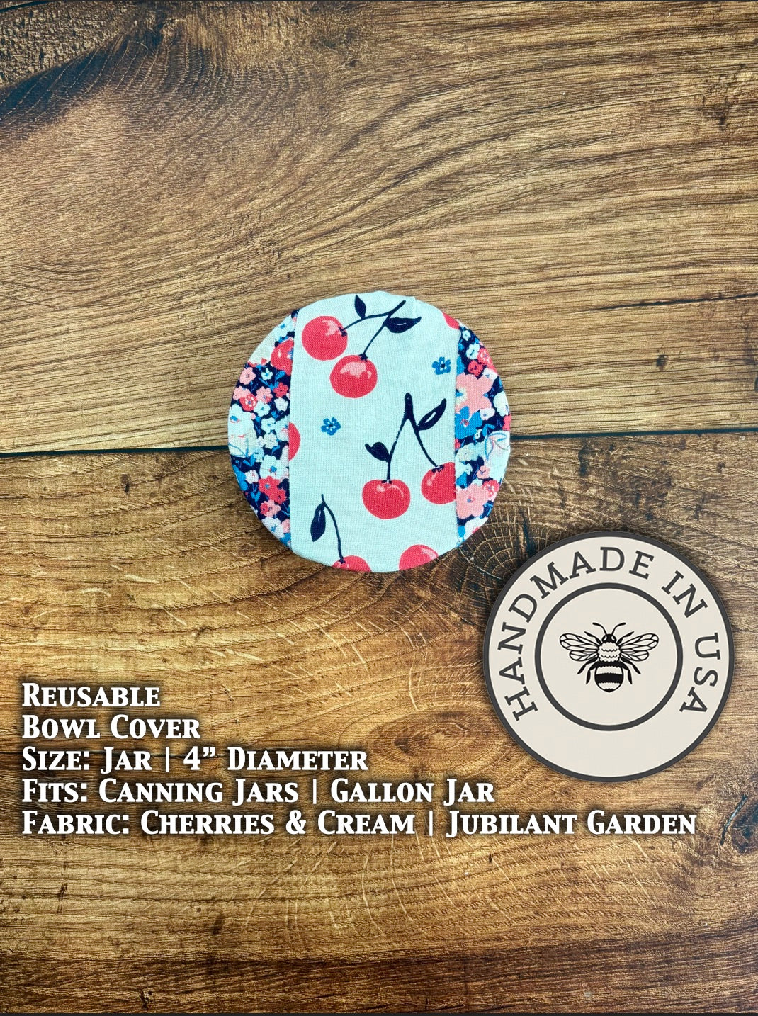 Jar cover featuring cherries and cream design from Five Oaks Farm, designed for a jubilant garden-themed jar.